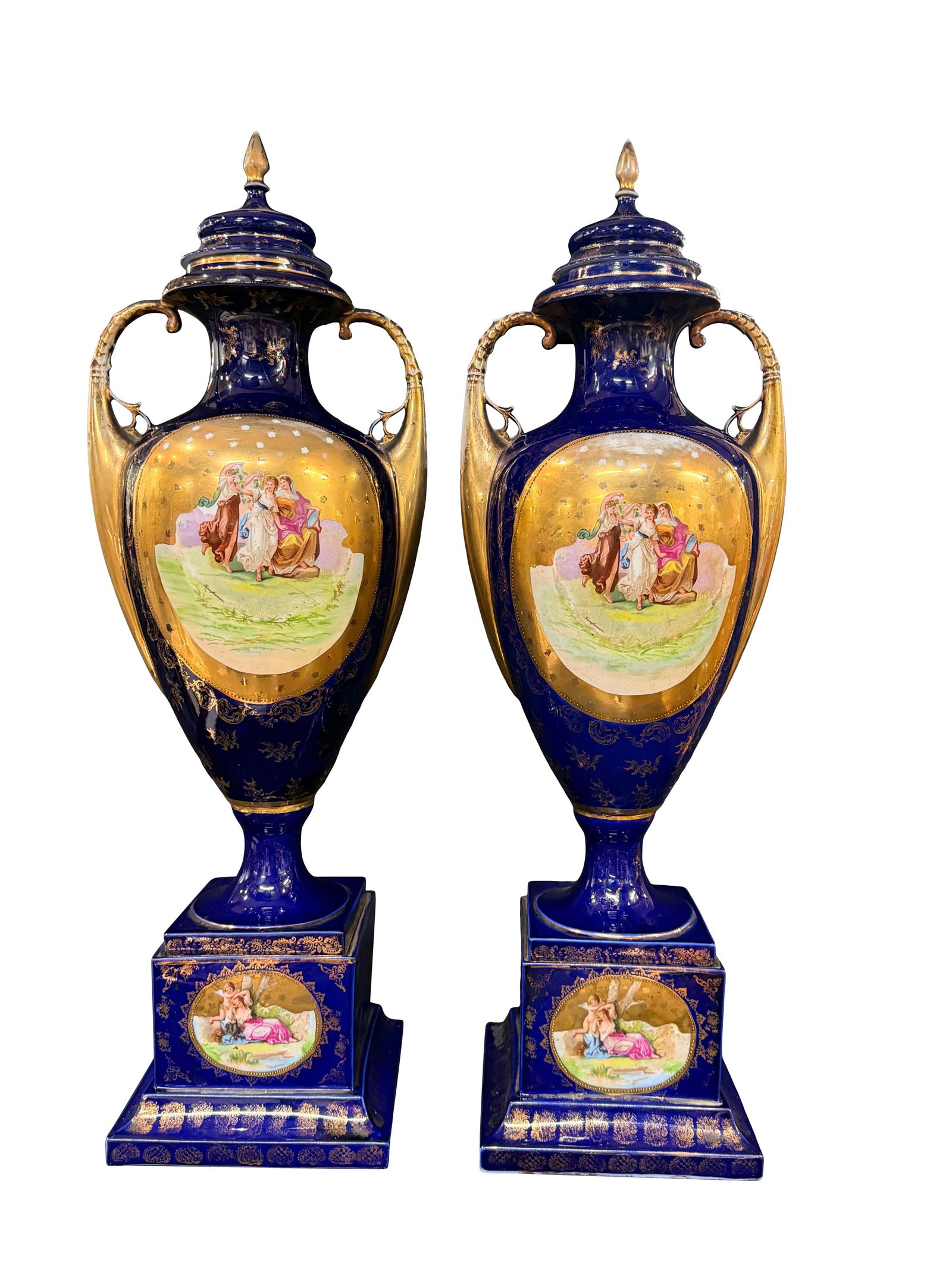 PAIR OF COBALT BLUE PORCELAIN SEVRES' STYLE URNS WITH LIDS, SMALL CHIPS, 34"H X 11" W - EACH (1 of 3)