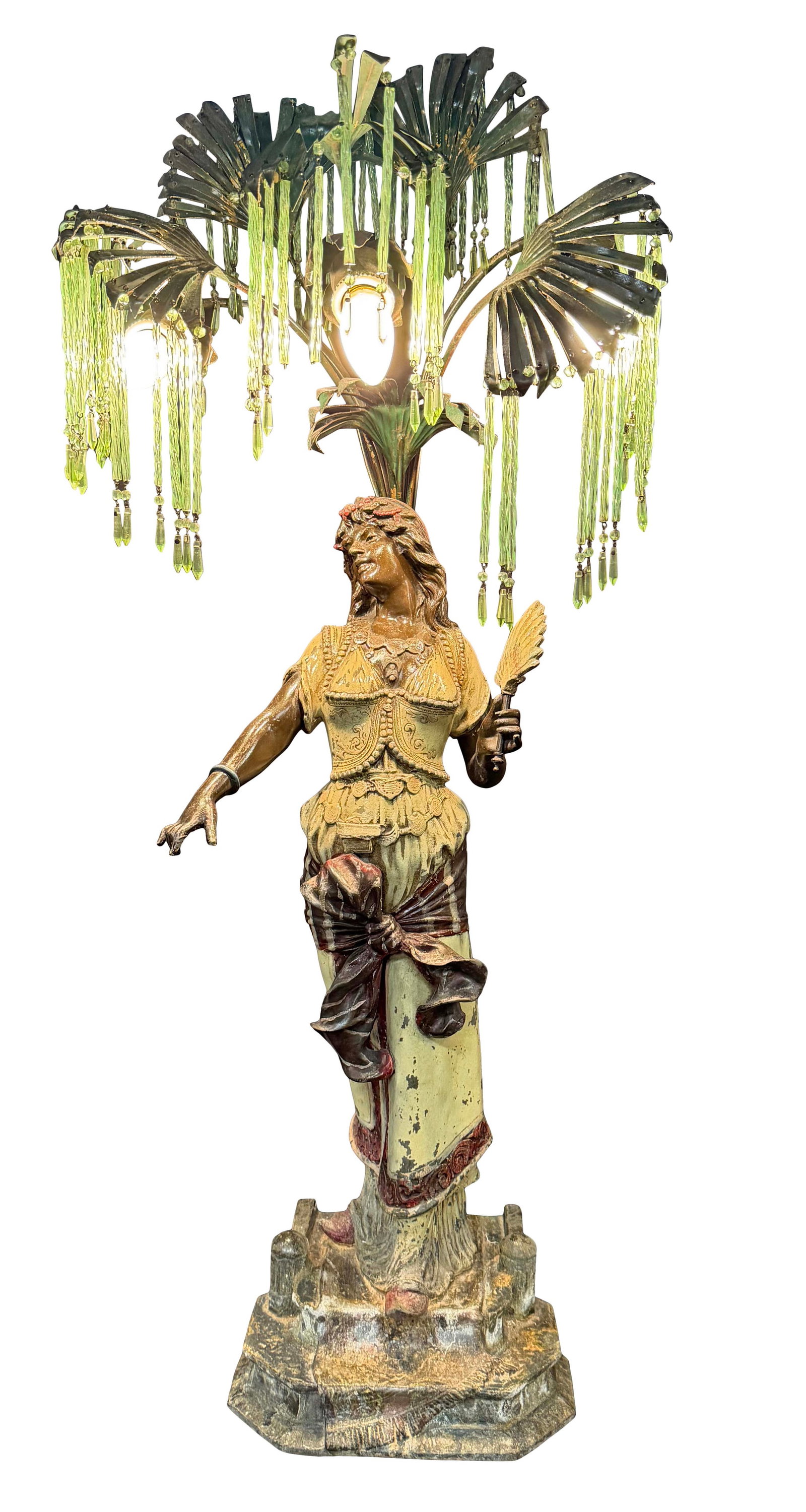 STANDING EGYPTIAN LADY SPELTER STATUE LAMP WITH 3 LIGHTS, SOME PAINT LOST, CHECK WIRING, 38"H X 15"W: STANDING EGYPTIAN LADY SPELTER STATUE LAMP WITH 3 LIGHTS, SOME PAINT LOST, CHECK WIRING, 38"H X 15"W X 7"D