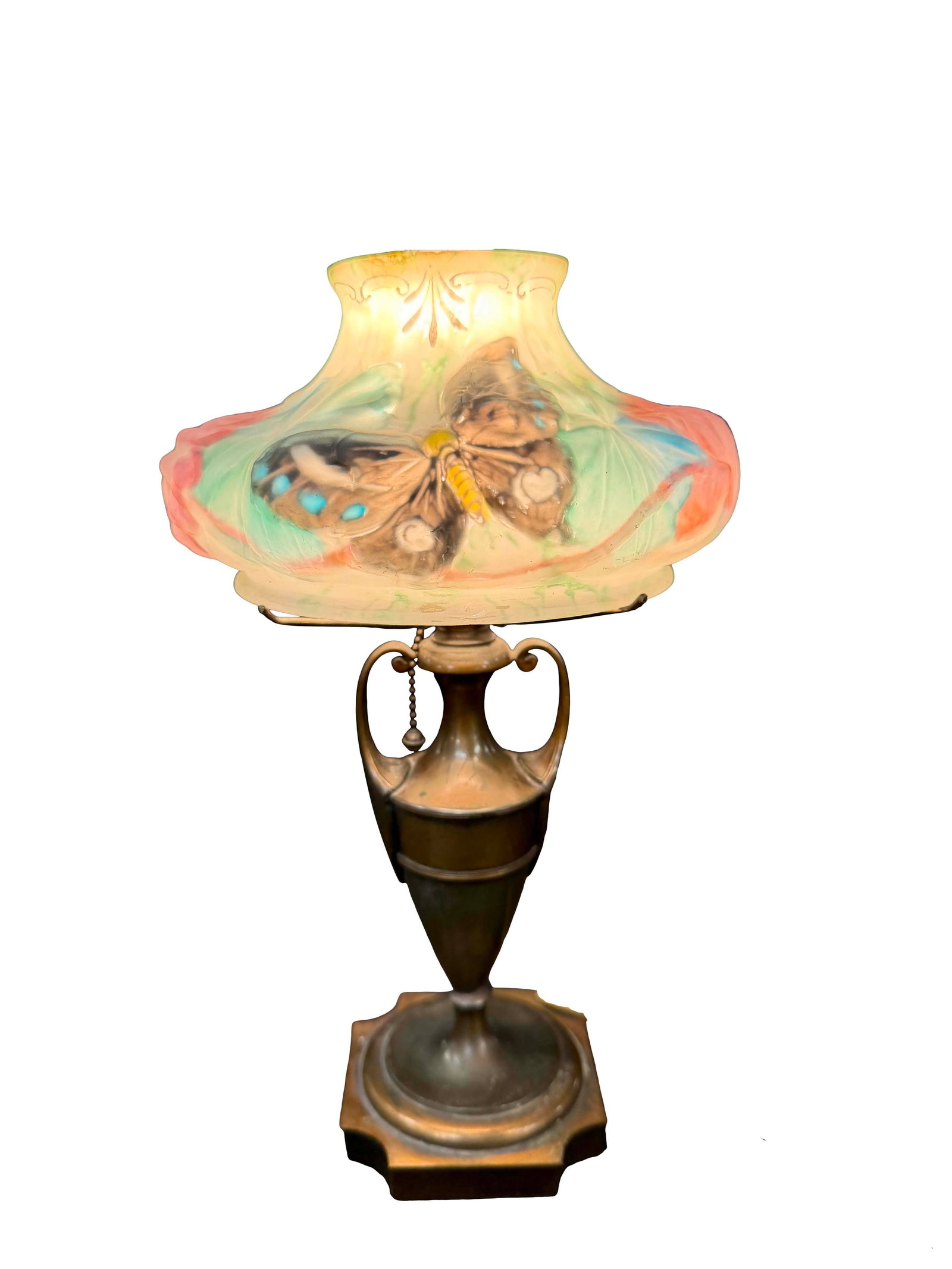 SIGNED PAIR POINT BOUDOIR LAMP WITH BUTTERFLIES AND FLOWERS, SMALL FLAKE ON TOP OF SHADE, 11 1/2" H (1 of 7)