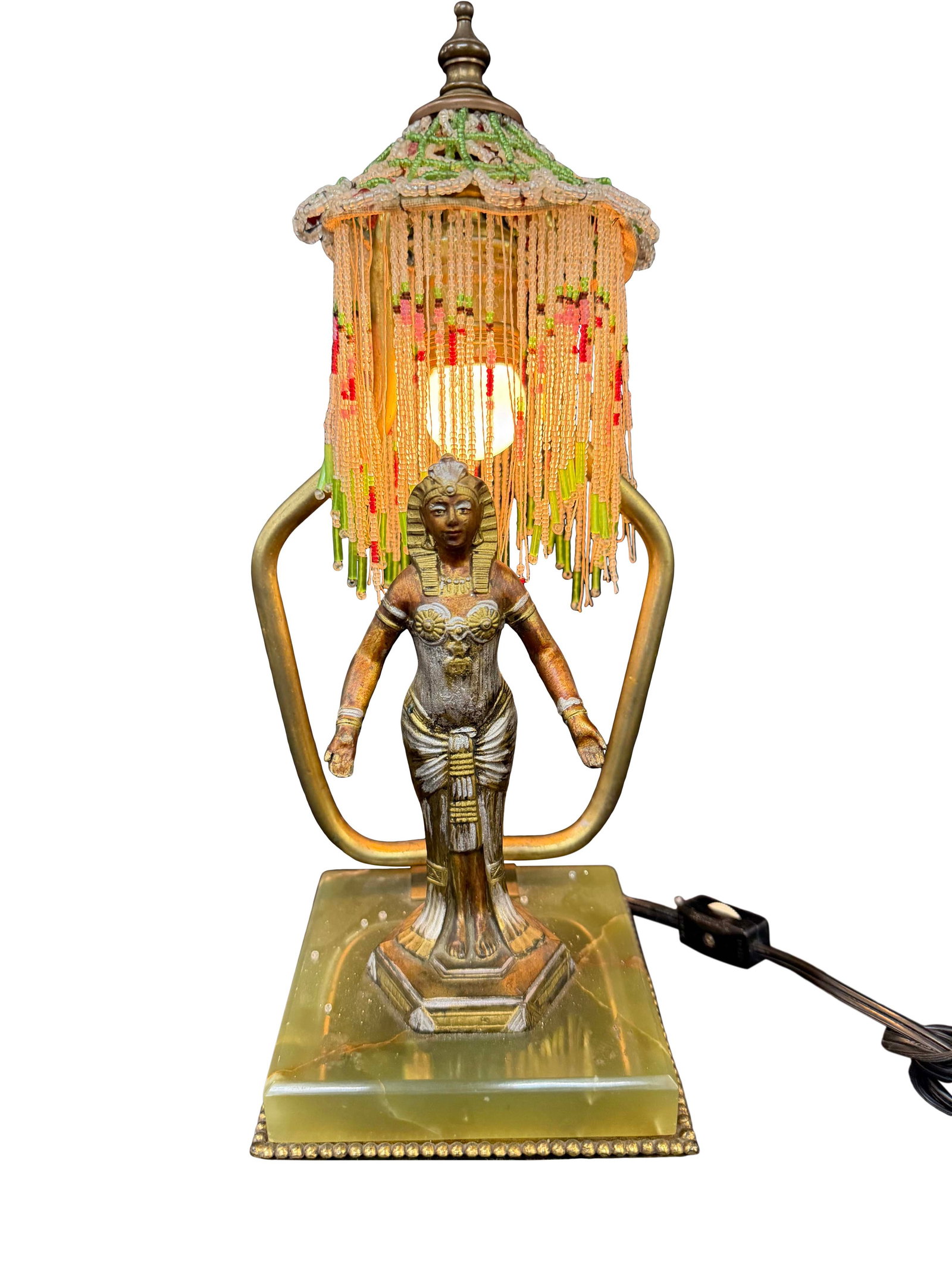 SMALL EGYPTIAN REVIVAL BOUDOIR LAMP WITH BEADED SHADE AND ONYX BASE, SOME BEADS MISSING, 12"H X 5"W (1 of 3)