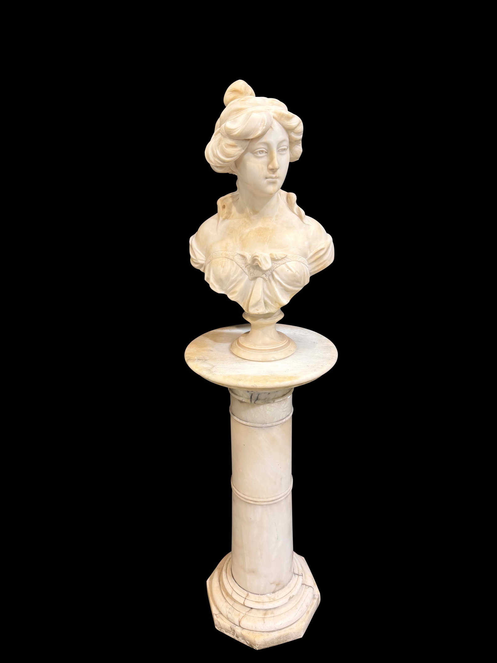 MARBLE LADY BUST WITH MARBLE PEDESTAL, HAS STAINS ON STATUE AND PEDESTAL, SOME MINOR CHIPS, LADY (1 of 2)
