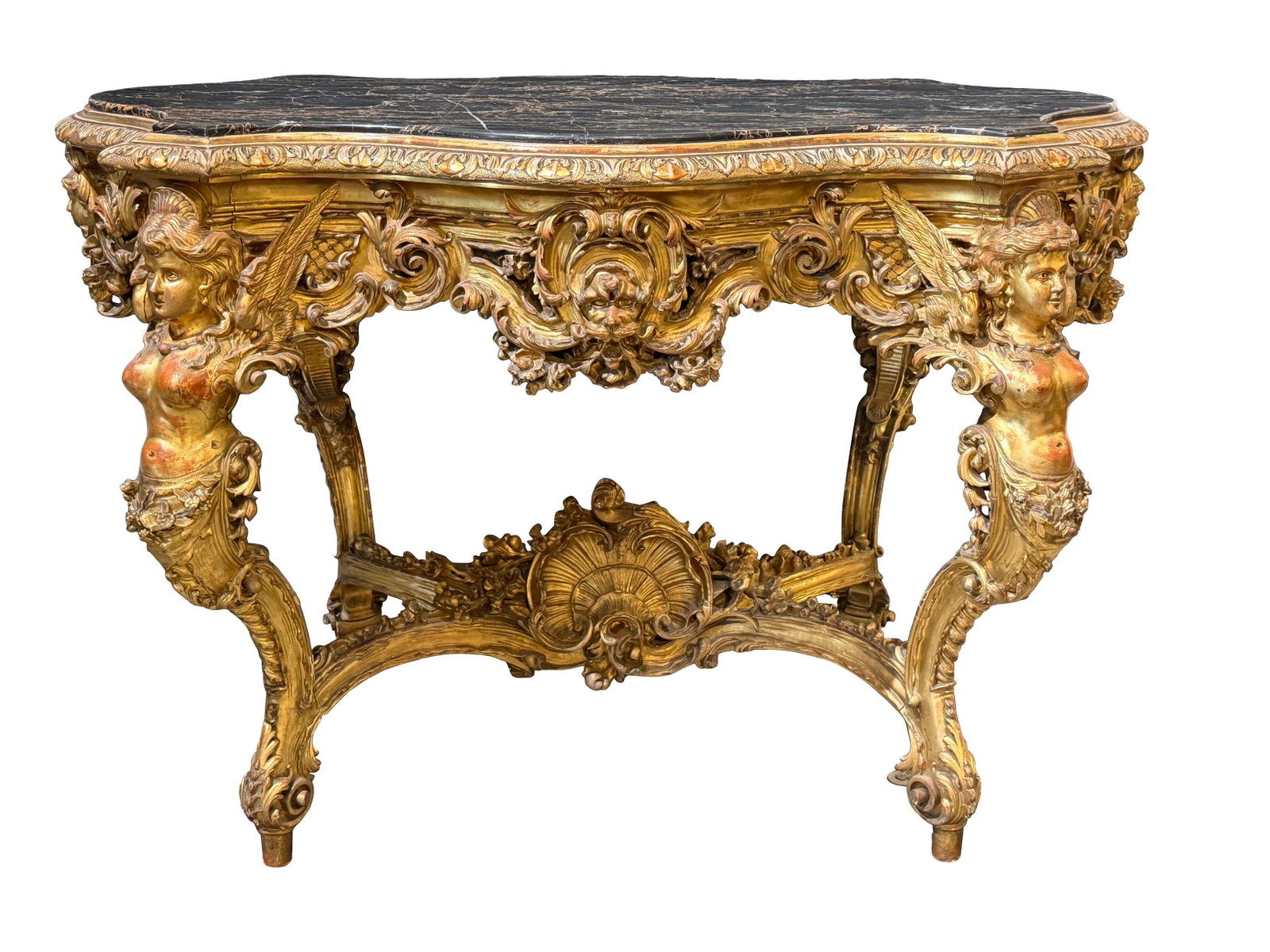OUTSTANDING FINE CARVED CENTER TABLE W/ ORIGINAL GOLD GILT FINISH, BLACK & GOLD ORIGINAL MARBLE TOP, (1 of 7)