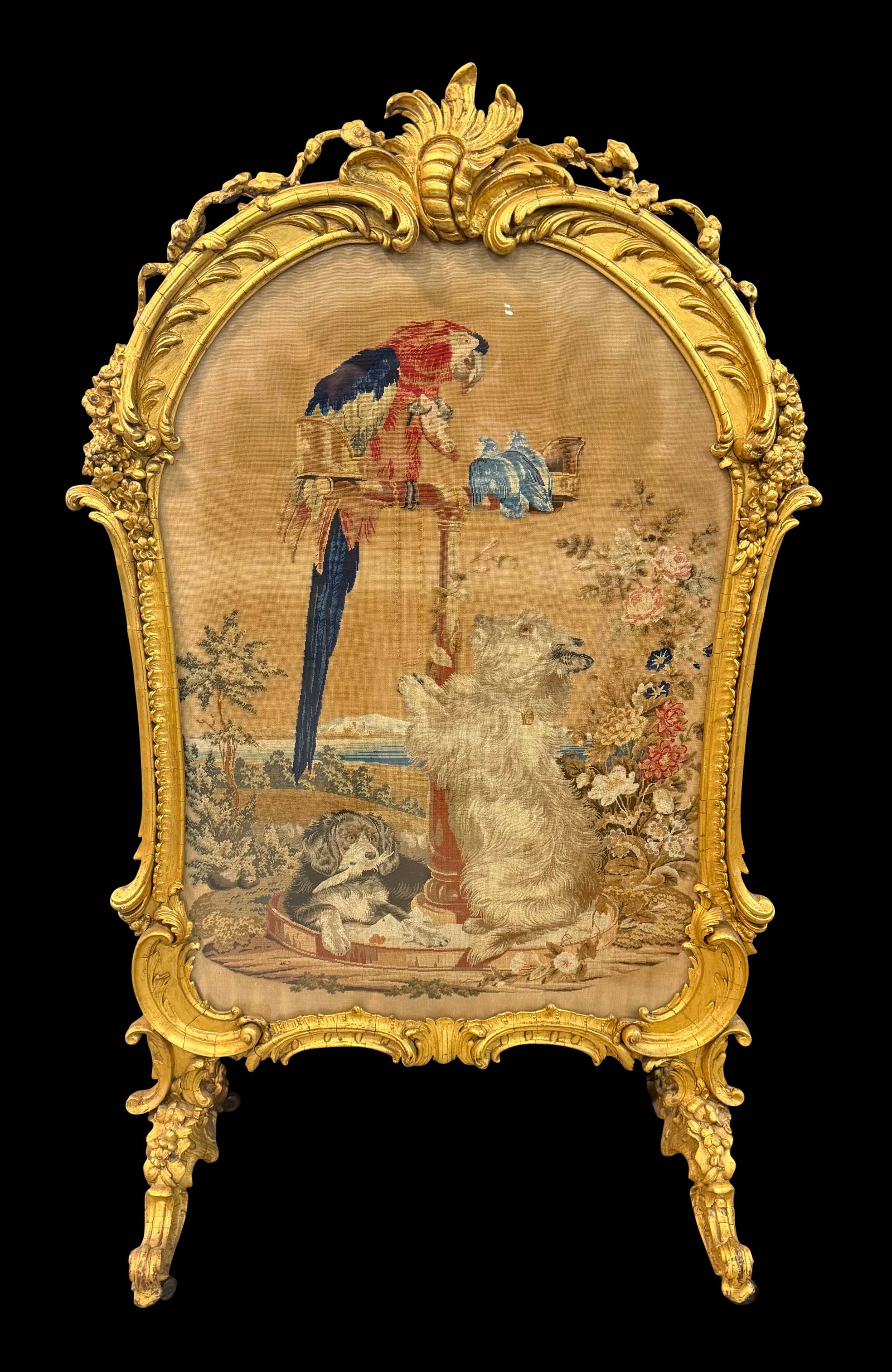 ORIGINAL GOLD GILT FIRESCREEN WITH ORIGINAL NEEDLEPOINT, 51"H X 31"W (1 of 3)