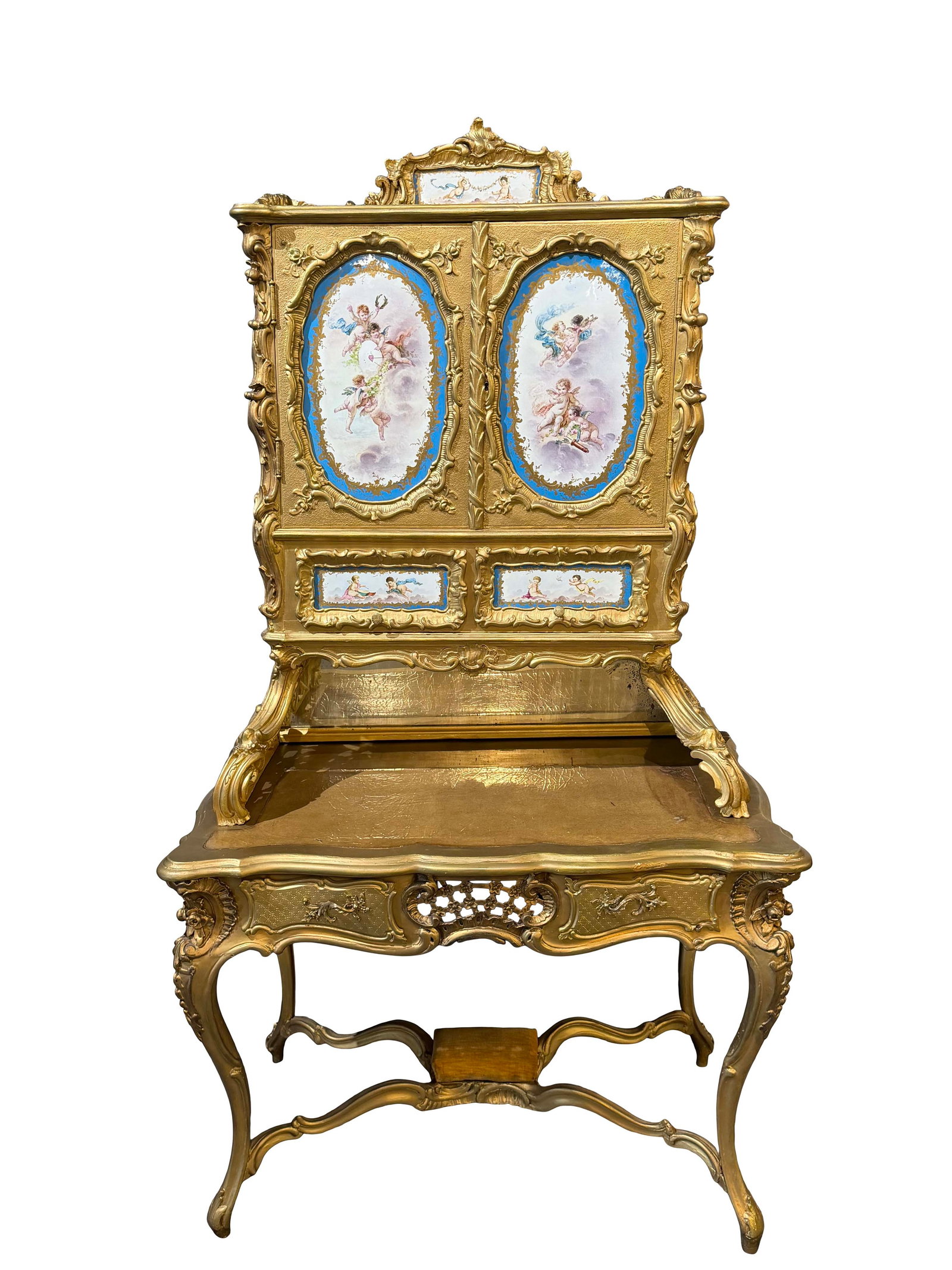 PAINTED GOLD LADY'S DRESSING VANITY WITH MIRROR BACK IN CENTER WITH CABINET DOUBLE DOOR TOP WITH (1 of 5)