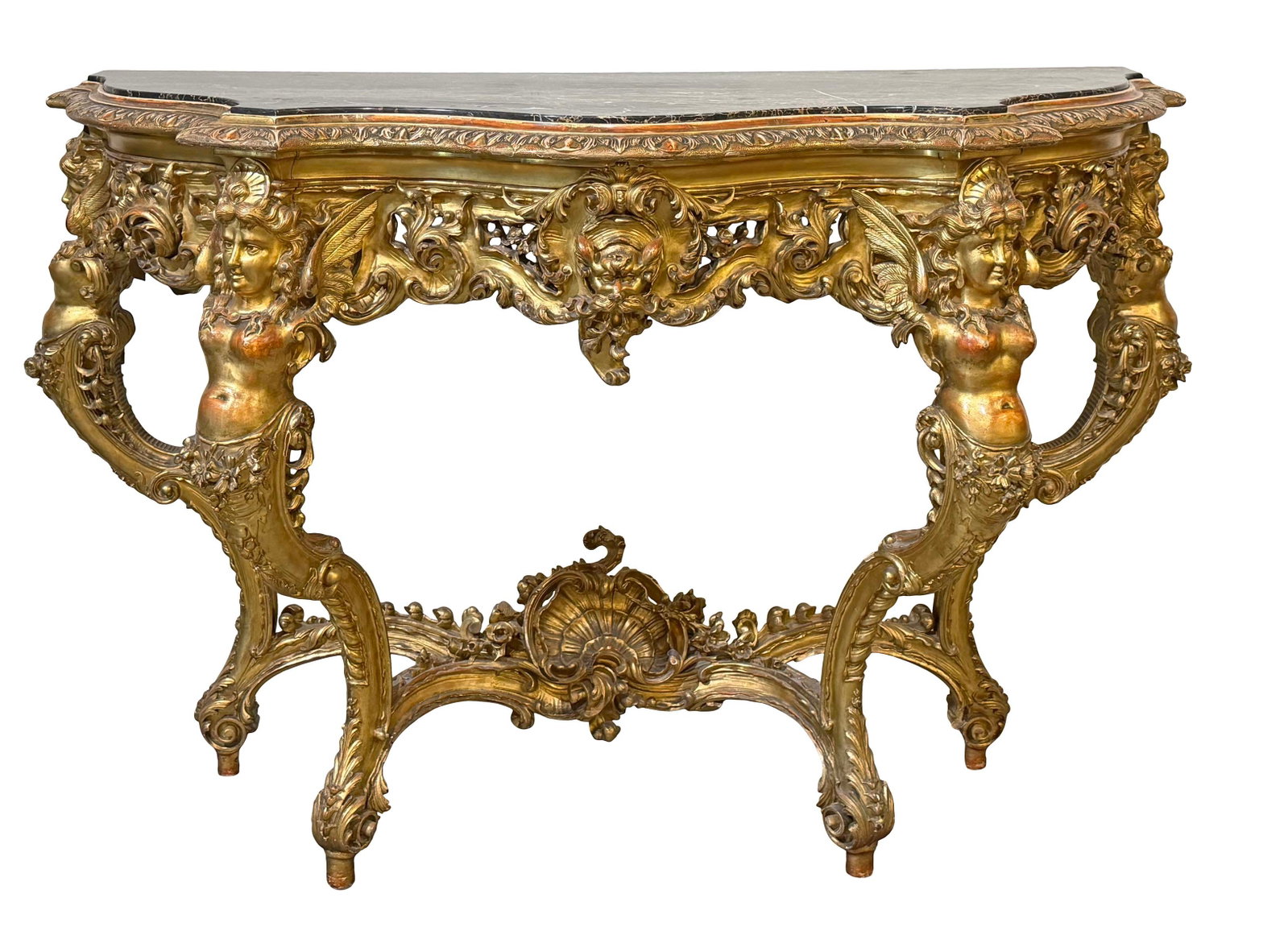 MONUMENTAL SIZE FINE CARVED TALL STANDING CONSOLE TABLE WITH ORIGINAL GOLD GILT FINISH, BLACK AND (1 of 5)