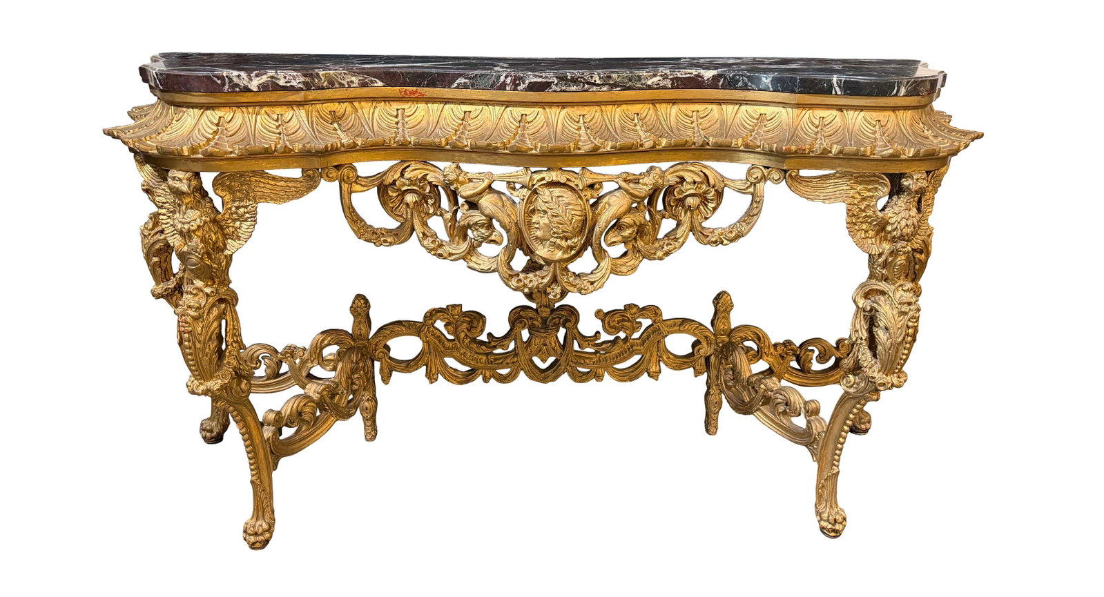 VERY ORNATE GOLD GILT WALL CONSOLE WITH EAGLES AND ANGELS WITH ORIGINAL MARBLE TOP, 38"H X 76"W X (1 of 8)