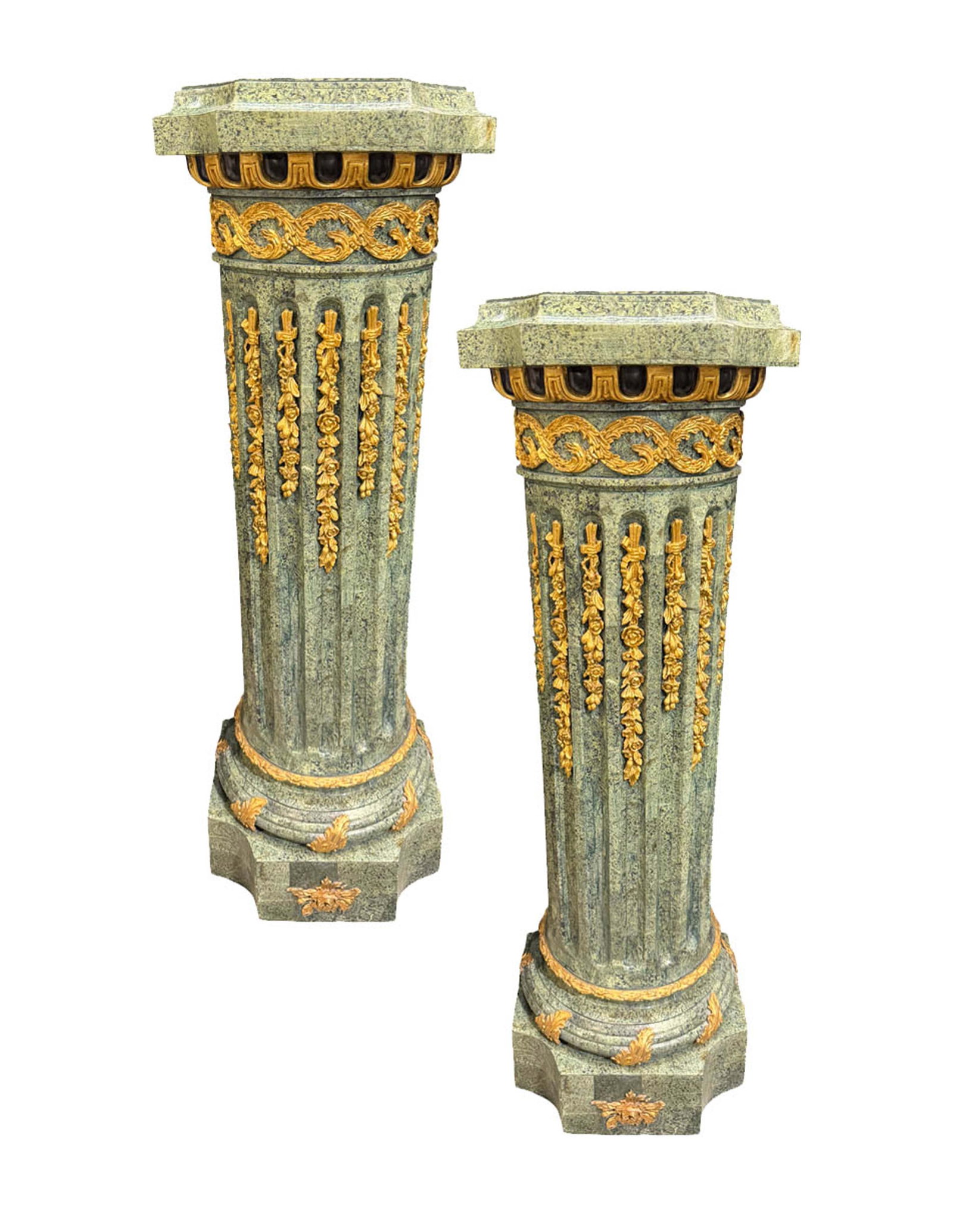 PAIR OF LARGE PEDESTALS WITH GREEN VENEERED STONE WITH GOLD GILT ACCENTS, MINOR CHIPS TO STONE AND (1 of 2)