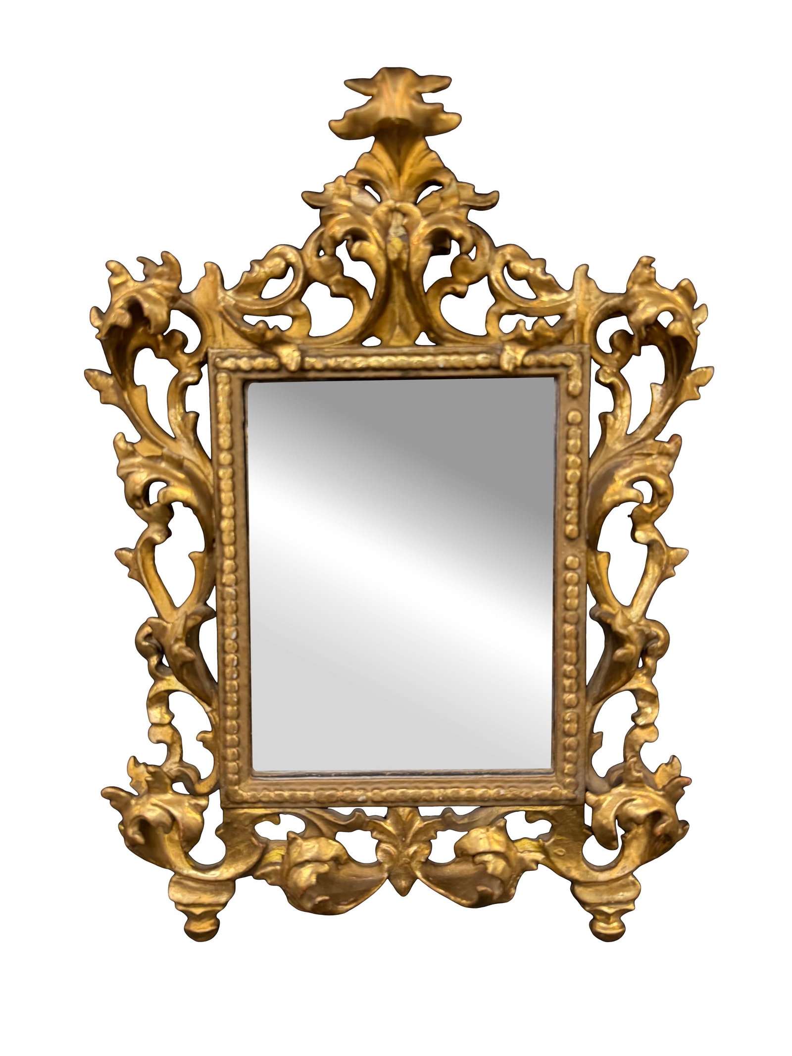 SMALL VERY ORNATE HAND CARVED GOLD GILT WOOD FRENCH WALL MIRROR, 19"H X 14"W (1 of 2)