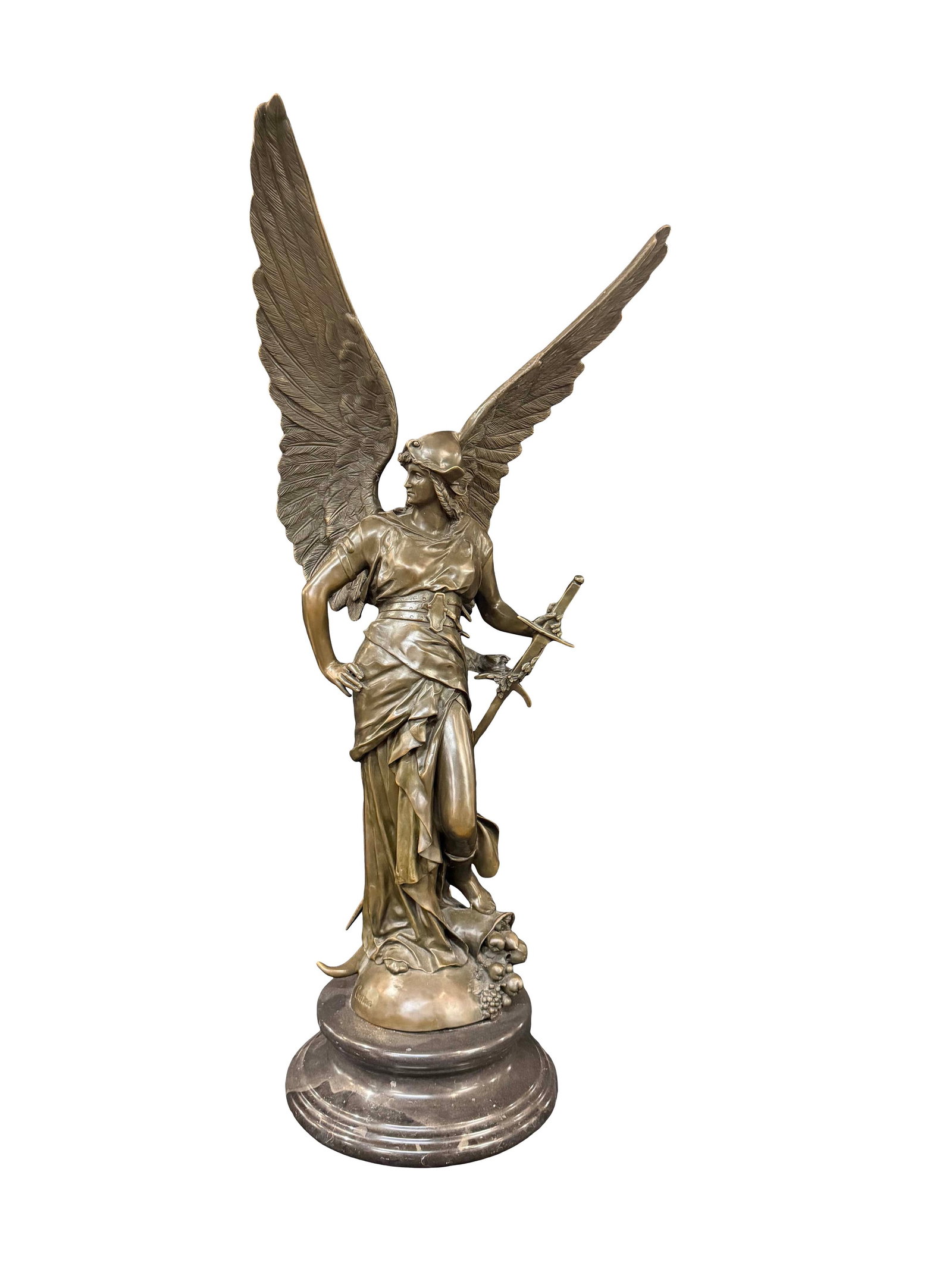HEAVY BRONZE SCULPTURE OF ST. MICHAEL ON MARBLE BASE, SIGNED COUTAN, 37"H X 17"W X 11"D (1 of 4)