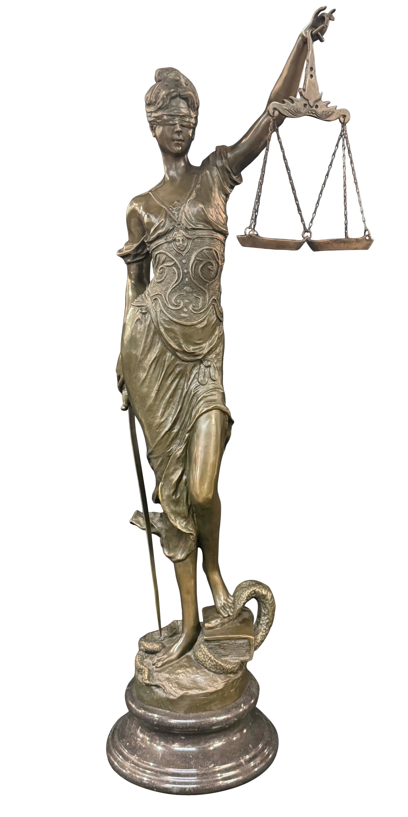 TALL BRONZE SCALES OF JUSTICE STATUE, 40"H X 9 1/2"W (1 of 2)