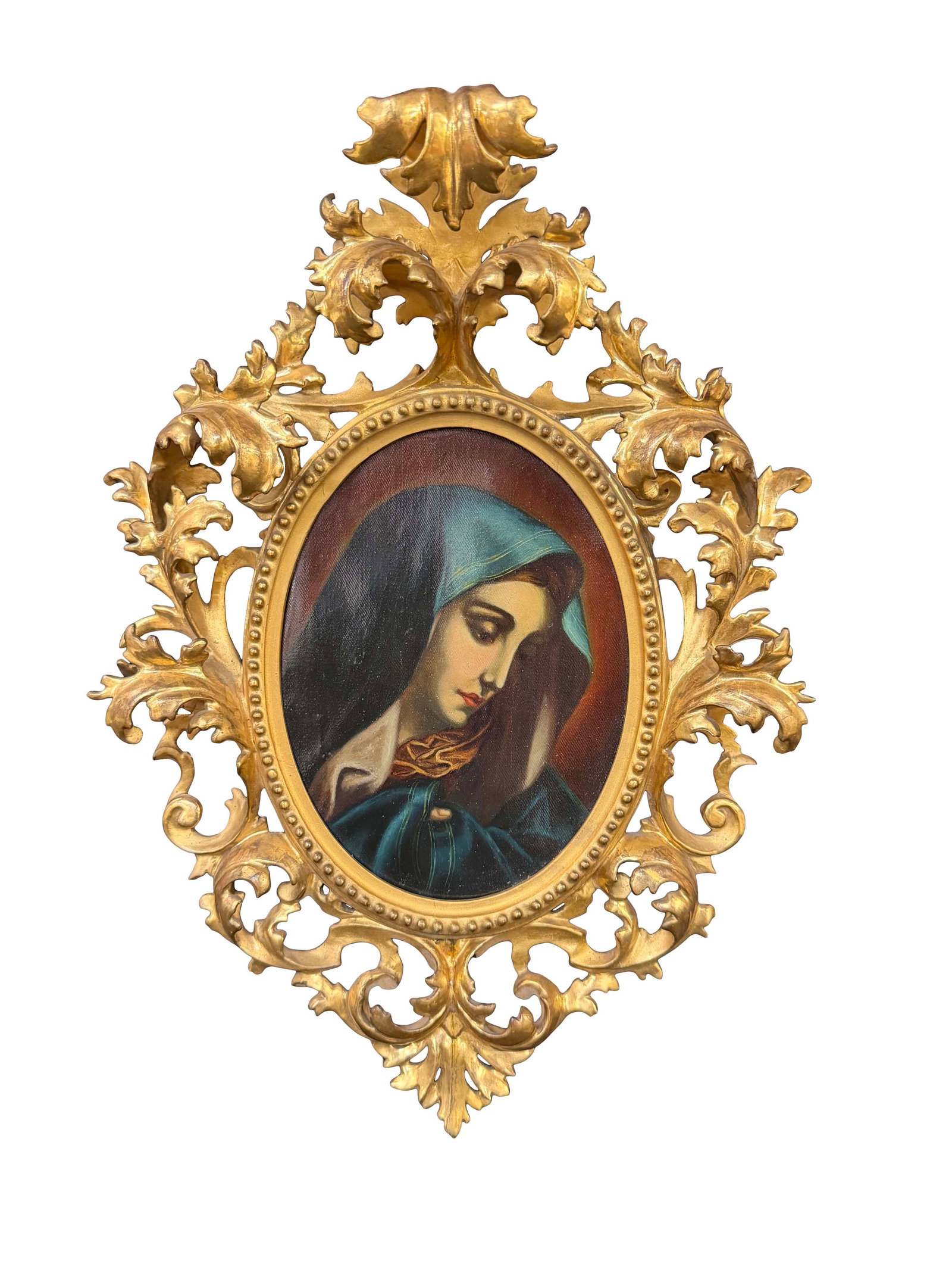 ROCOCO GOLD GILT WOOD OVAL FRAME WITH RELIGIOUS PAINTING, 20"H X 15"W (1 of 2)