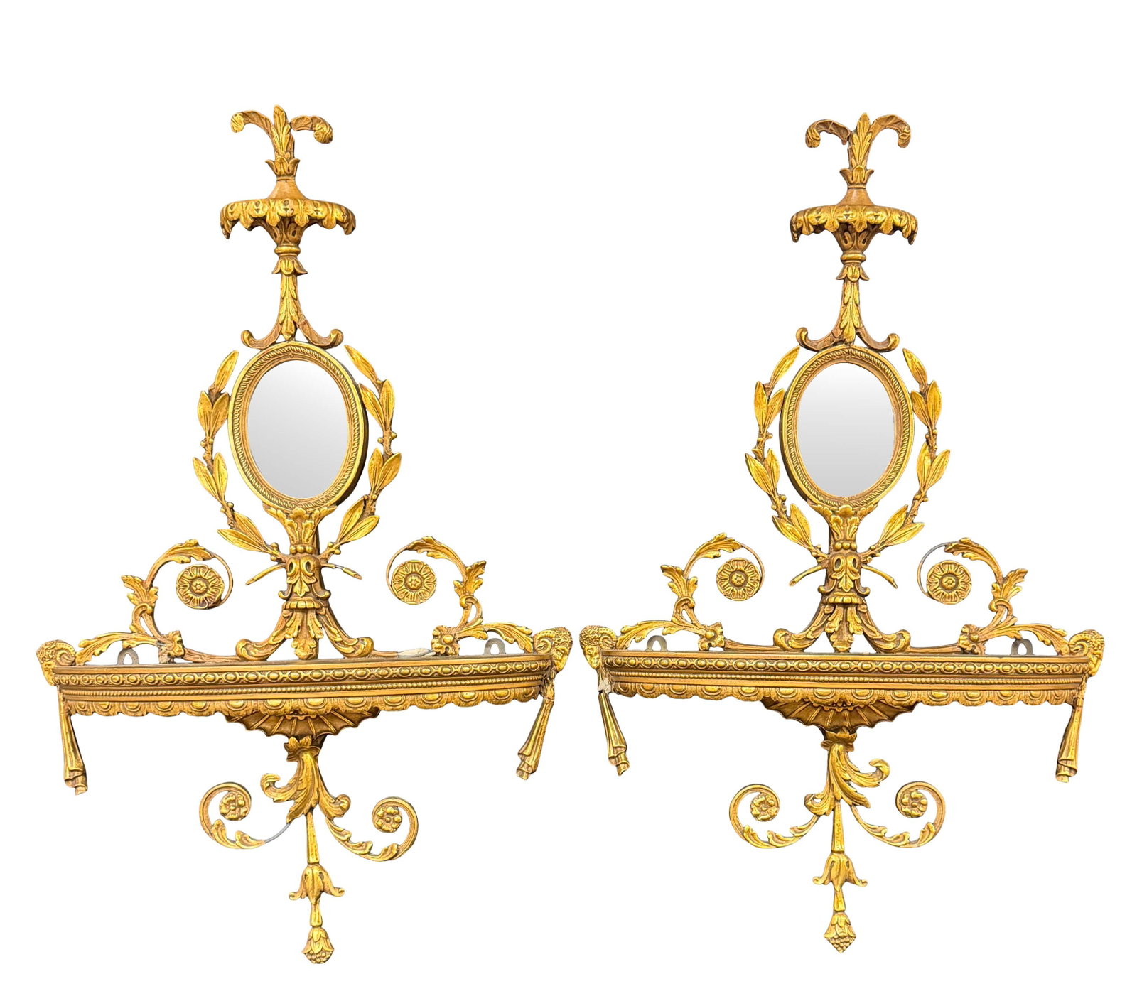 PAIR OF GOLD GILT WALL SHELVES WITH OVAL MIRROR 33"H X 19 1/2"W X 6"D - EACH (1 of 7)