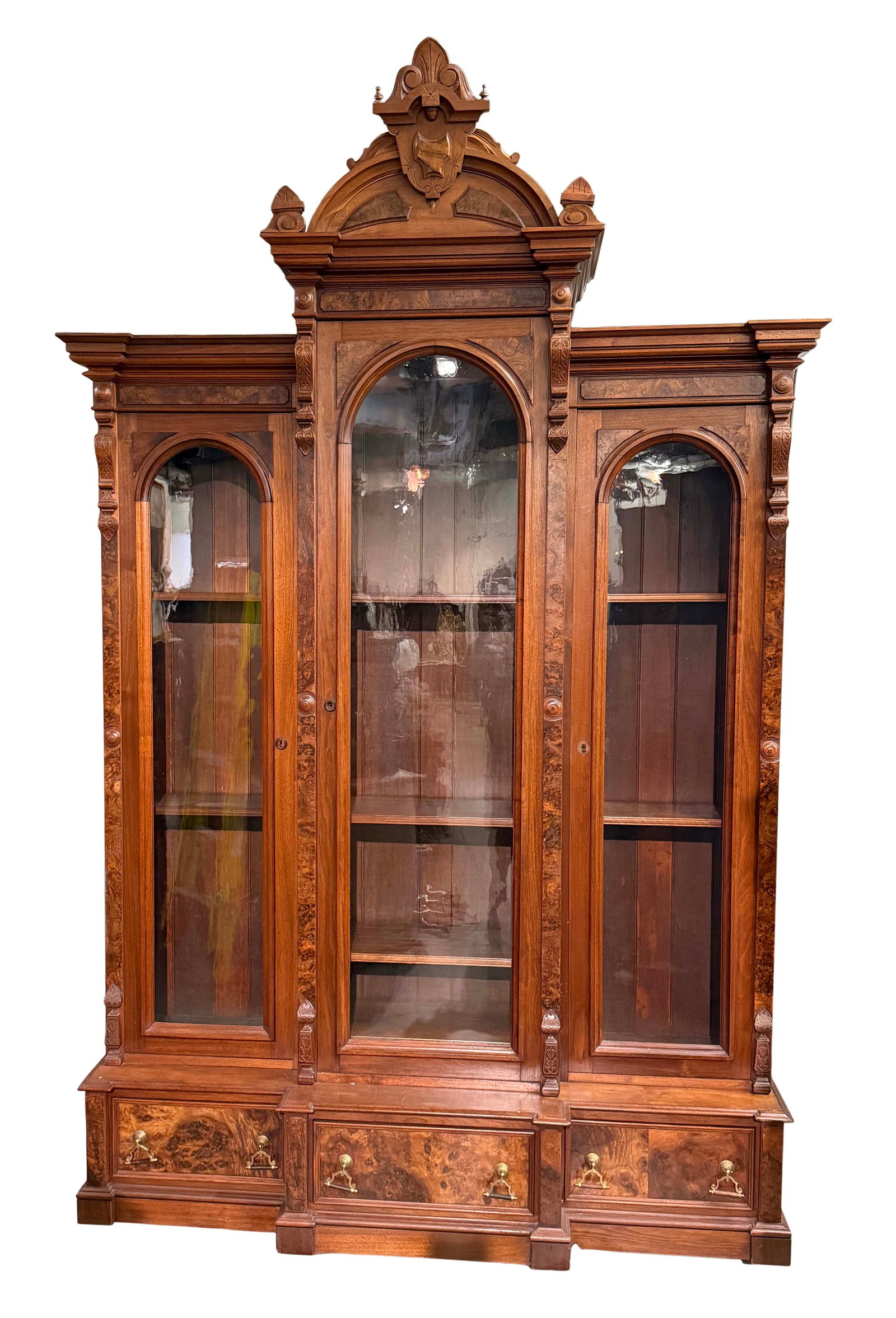 WALNUT RENAISSANCE TRIPLE DOOR AMERICAN BOOKCASE 112"H X 69"W X 21"D (1 of 1)