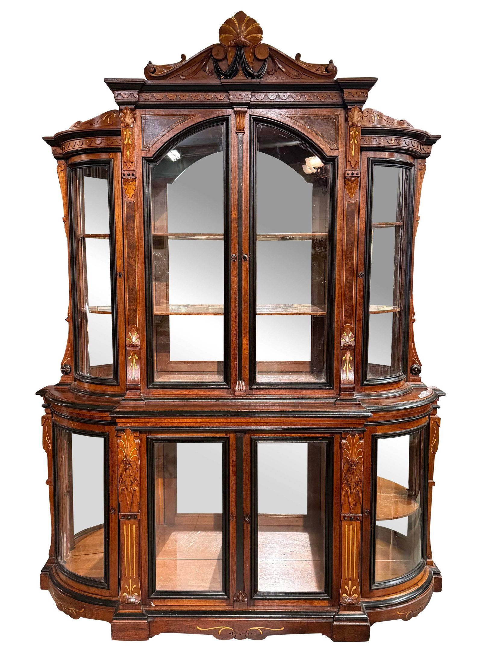 AMERICAN WALNUT RENAISSANCE CURVED GLASS DISPLAY CABINET WITH BLACK EBONIZING AND GOLD GILT92"H X: AMERICAN WALNUT RENAISSANCE CURVED GLASS DISPLAY CABINET WITH BLACK EBONIZING AND GOLD GILT92"H X 69"W X 20"D