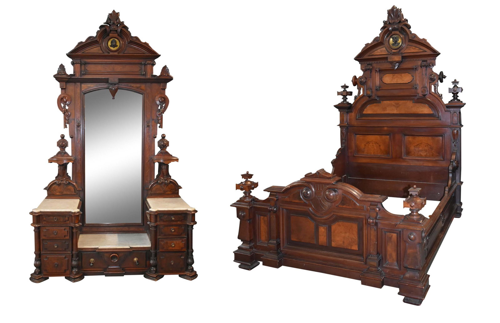AMERICAN RENAISSANCE 2PC WALNUT ORIGINAL FINISH BEDROOM SUITE WITH BRONZE PLAQUES, BED AND (1 of 12)