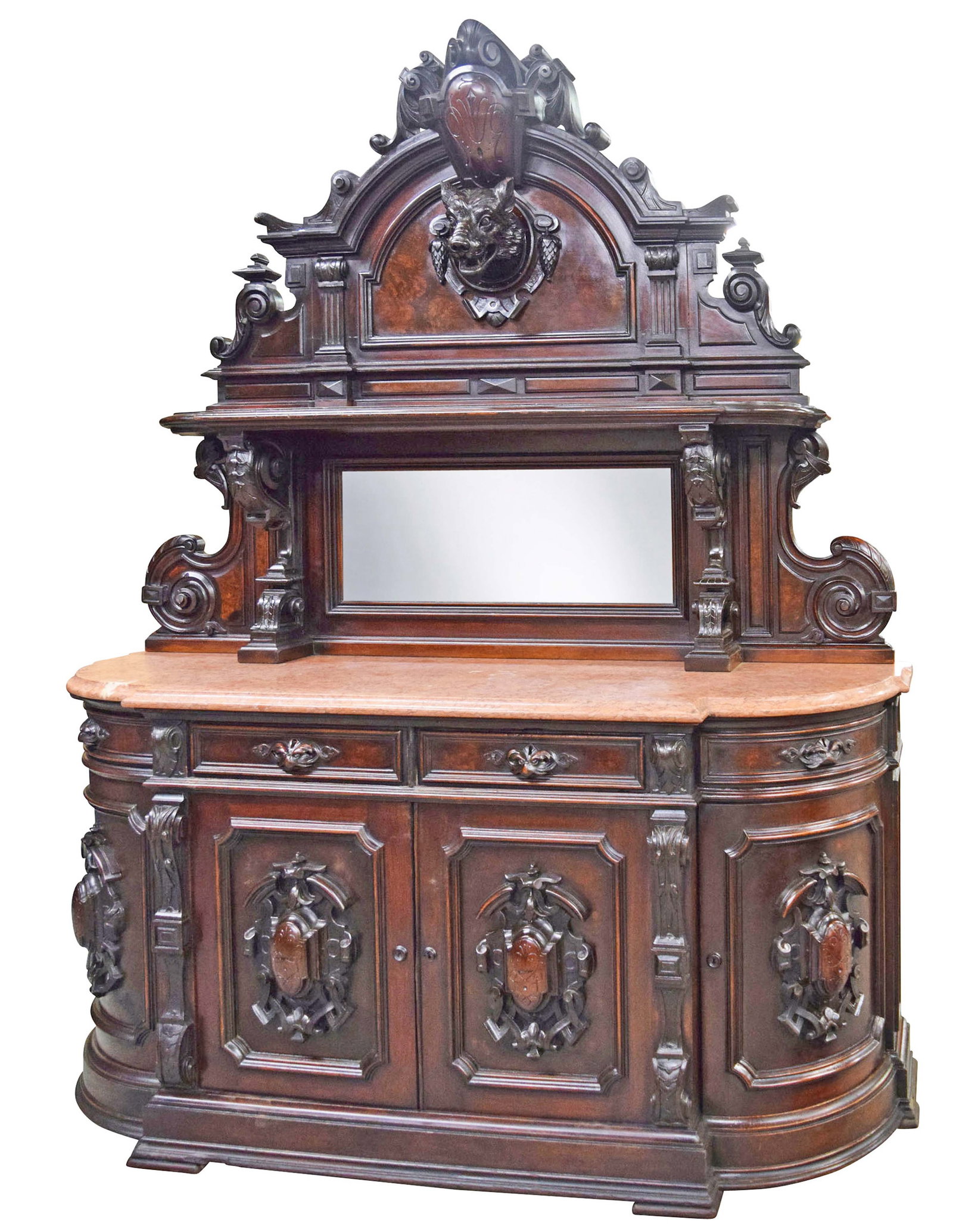 ATTR: ALEXANDER ROUX AMERICAN RENAISSANCE WALNUT SIDEBOARD, WITH MARBLE TOP AND LARGE CARVED WOLF (1 of 7)