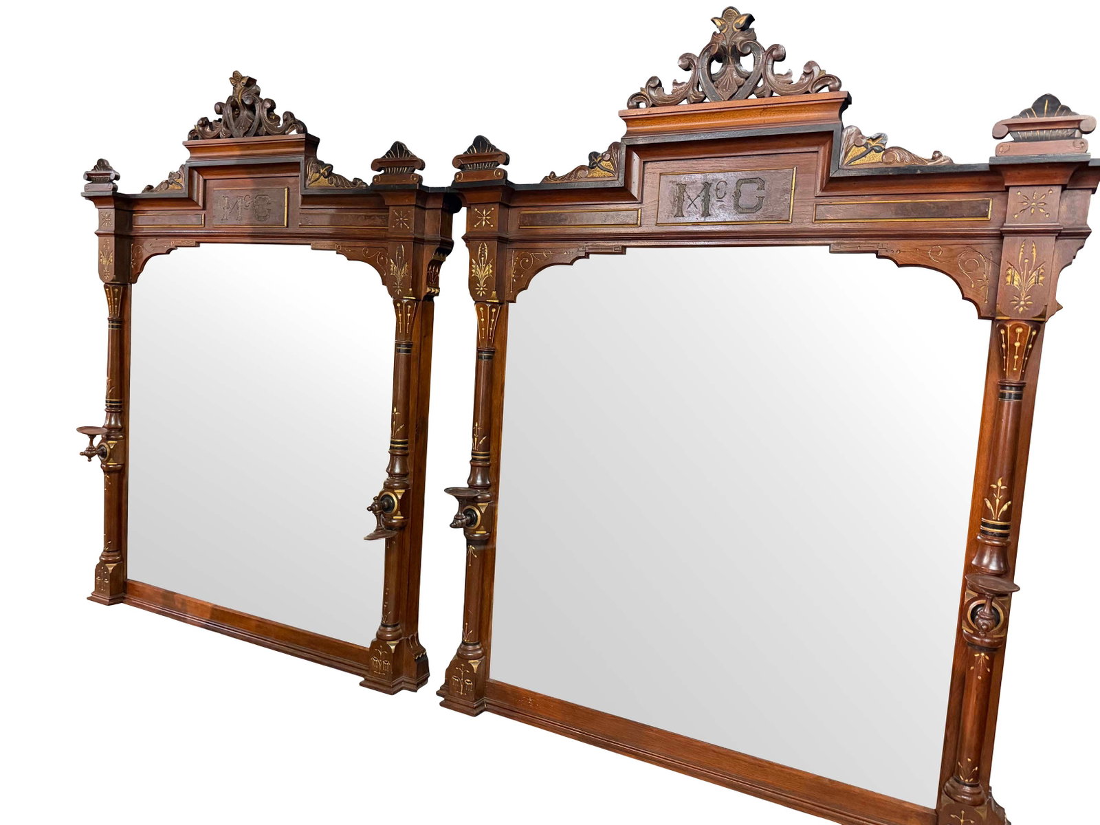 MATCHED PAIR OF AMERICAN WALNUT RENAISSANCE OVER THE MANTEL MIRRORS BLACK EBONIZED AND GOLD (1 of 3)