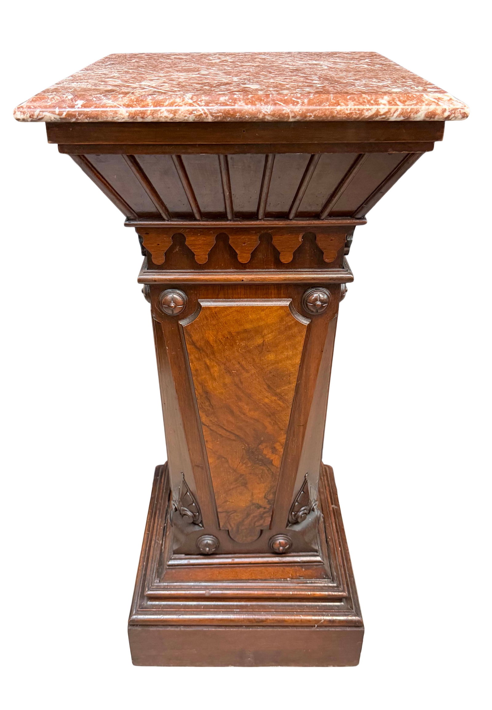 AMERICAN LARGE WALNUT RENAISSANCE PEDESTAL WITH BURL WALNUT PANELS HAS MARBLE TOP, CHIPS IN (1 of 2)