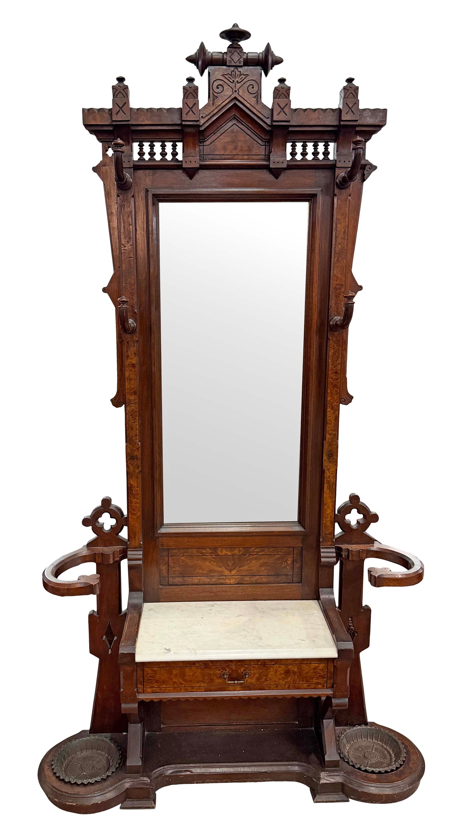 AMERICAN WALNUT VICTORIAN EASTLAKE HALL STAND WITH MARBLE INSET AND ORIGINAL CAST IRON DRIP PANS, (1 of 3)