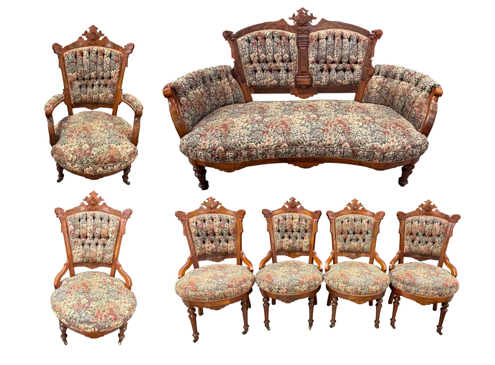 AMERICAN WALNUT RENAISSANCE VICTORIAN 7 PC PARLOR SUITE, WITH EXCELLENT CONDITION UPHOLESTRY (1 of 5)
