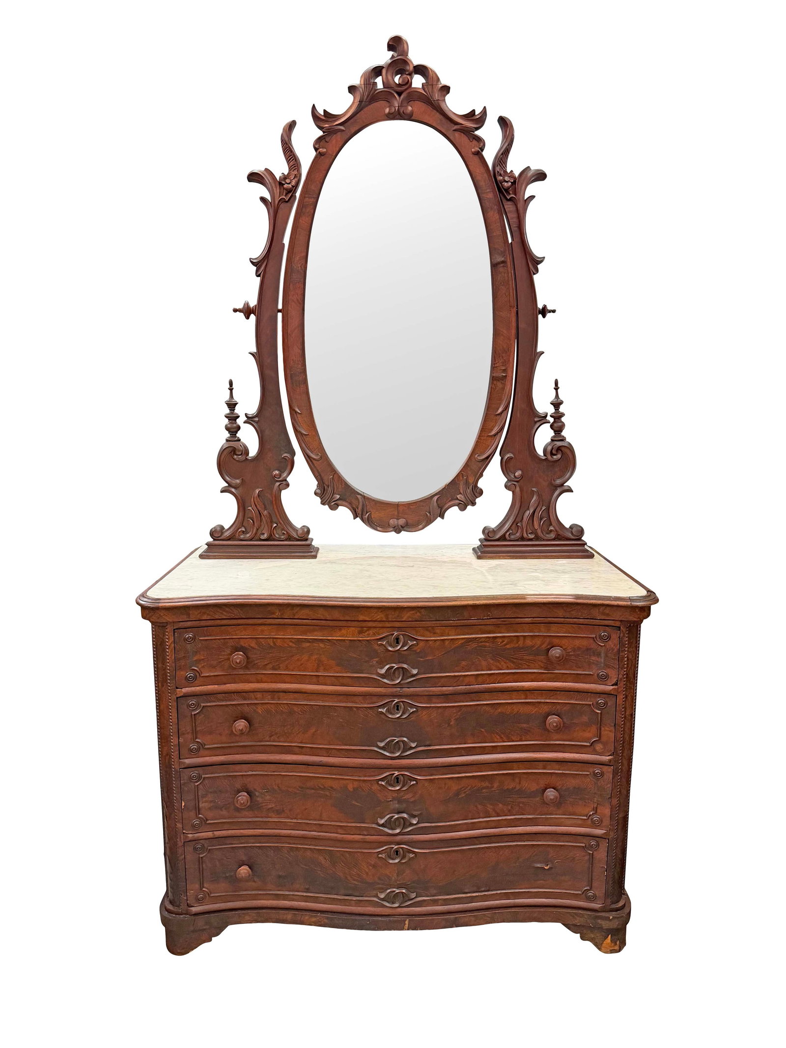 WALNUT VICTORIAN MARBLE TOP 4 DRAWER DRESSER MISSING ONE PULL ALSO HAS SOME VENEER DAMAGE,87"H X (1 of 2)