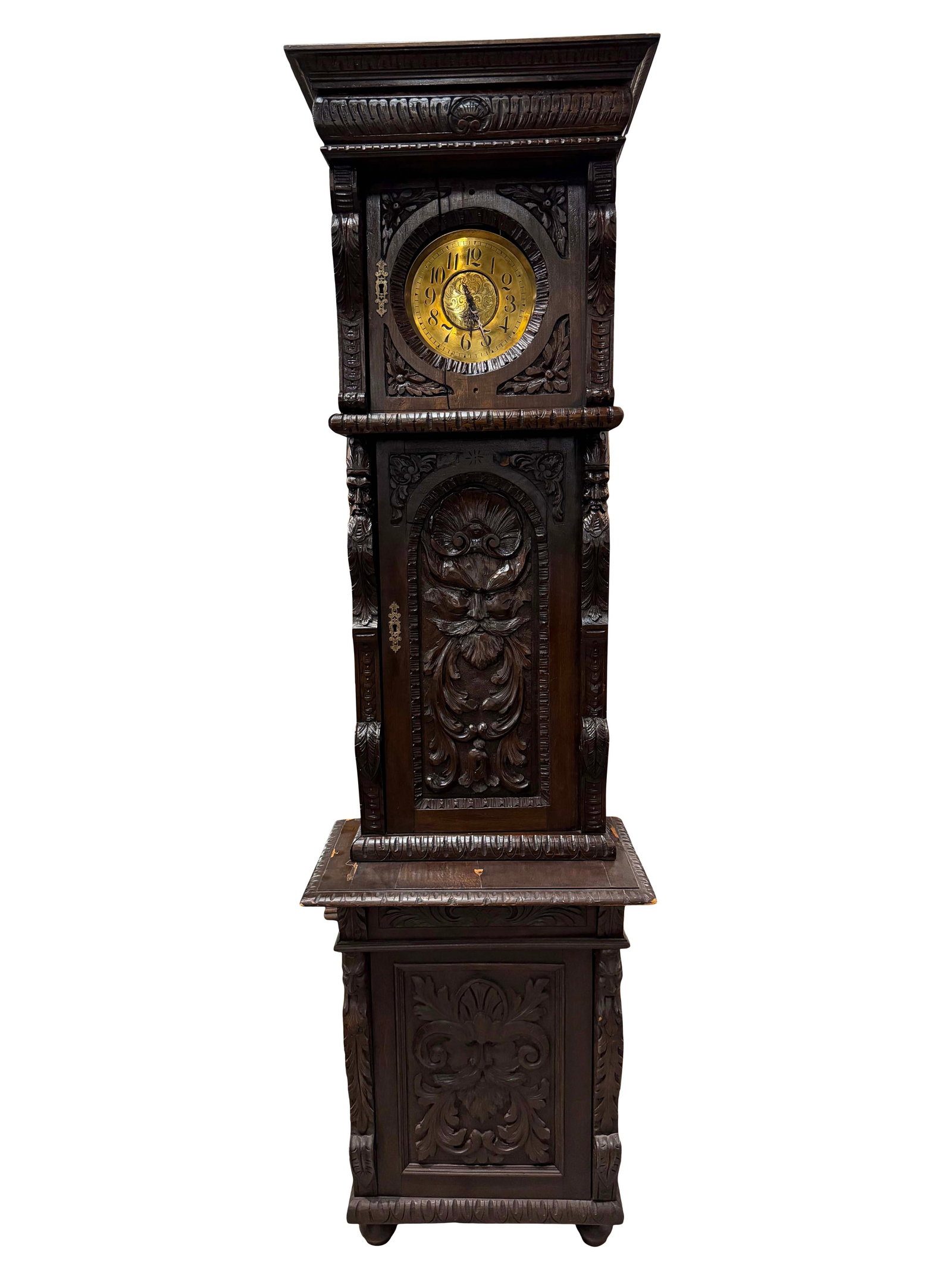 GERMAN CARVED GRANDFATHER CLOCK WITH SINGLE WEIGHT AND PENDULUM, NEEDS REPAIR SOME VENEER DAMAGE (1 of 4)