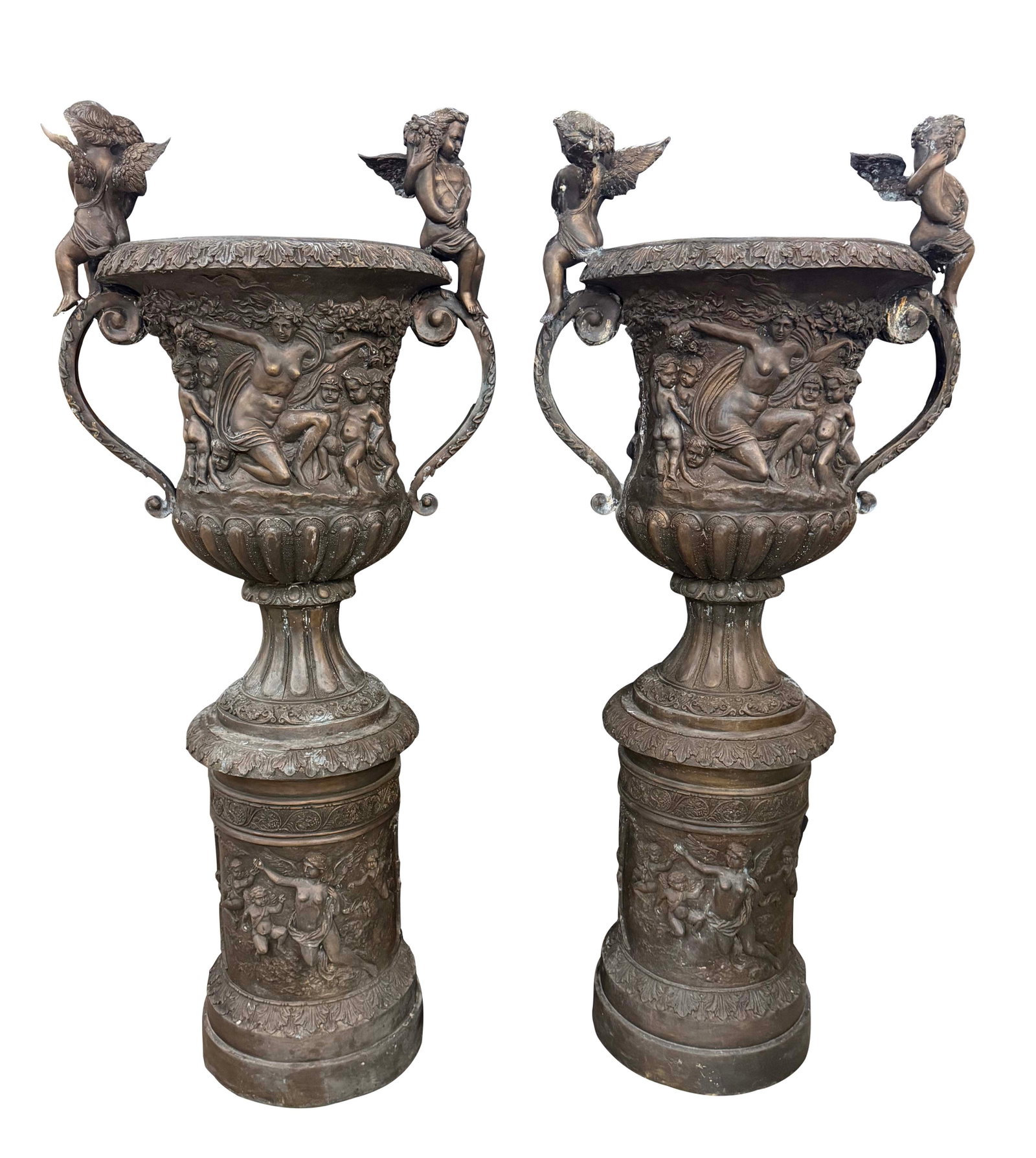 PAIR OF 6FT TALL ORNATE BRONZE FIGURAL GARDEN URNS, 72"H X 31"W , CENTER IS 19"ROUND - EACH (1 of 5)