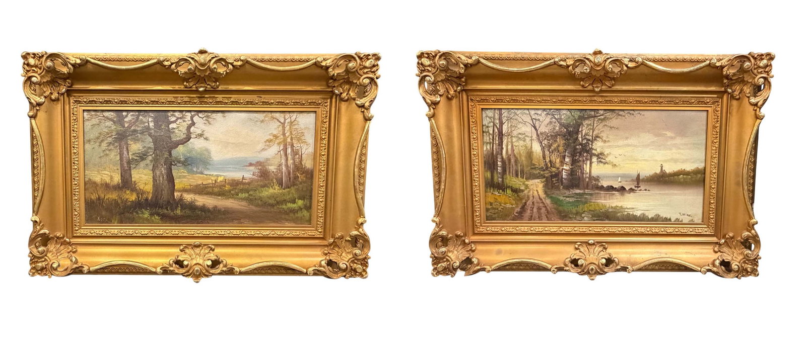 PAIR OF OIL ON BOARD LANDSCAPES IN ORNATE GOLD FRAMES, PAINTING SIZES 14"H X 26"W, THE FRAMES 23"H X (1 of 7)
