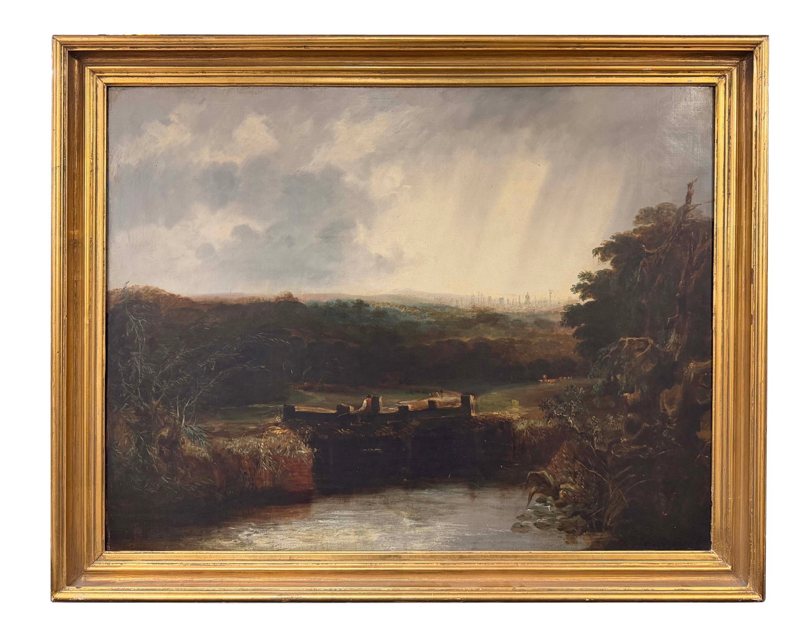 OIL ON CANVAS - MAN FISHING ON A BRIDGE IN A GOLD FRAME, PAINTING SIZE 28"H X 36"W , FRAME SIZE 33"H (1 of 2)