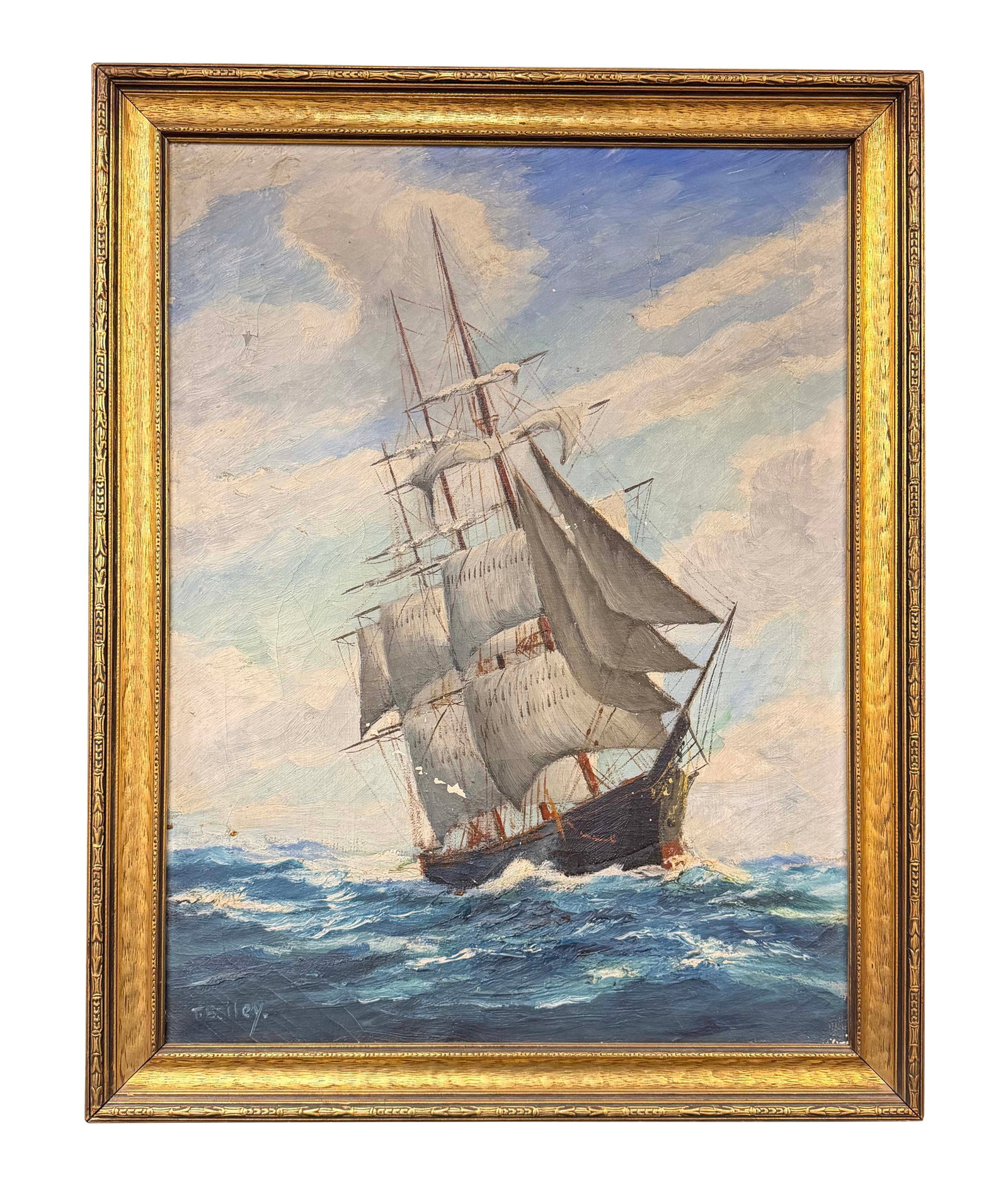 OIL ON CANVAS - SHIP SAILING ON THE OCEAN, HAS PAINT LOSS, SIGNED T. BAILEY, PAINTING SIZE - 24"H X (1 of 5)