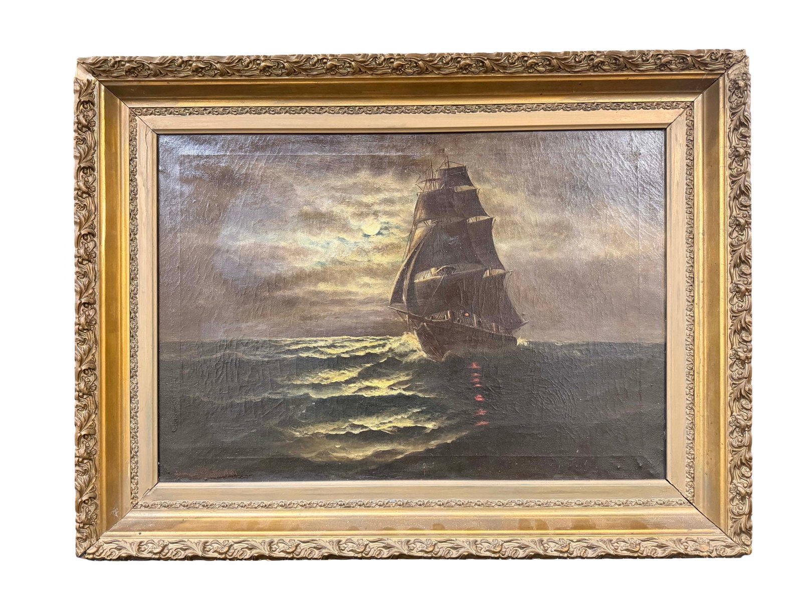 OIL ON CANVAS - SHIPPING SAILING WITH MOON LIGHT PAINTING SIZE - 19"H X 28"W, FRAME SIZE 26"H X 35"W (1 of 3)
