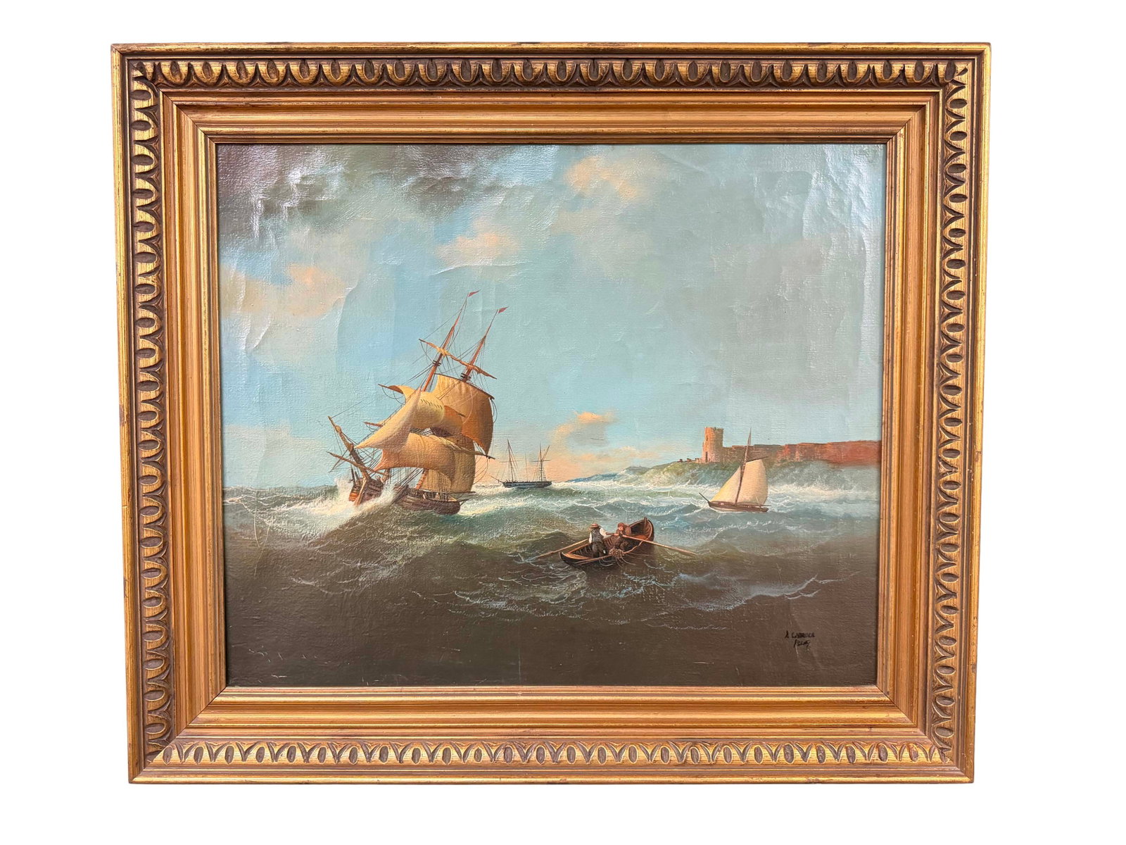 OIL ON CANVAS - SHIPS SAILING, PAINTING SIZE 19"H X 23"W, FRAME SIZE 26"H X 29"W (1 of 4)