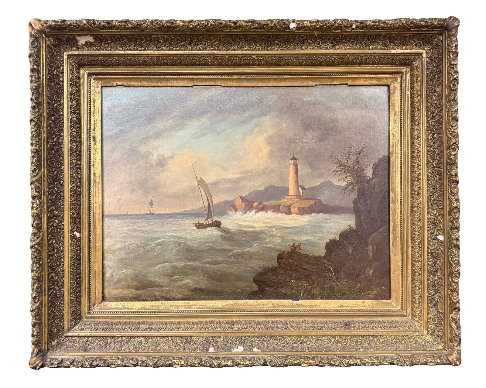 OIL ON CANVAS - SHIP SAILING IN THE OCEAN WITH LIGHTHOUSE, PAINTING SIZE: 17"H X 23"W, FRAME SIZE (1 of 5)