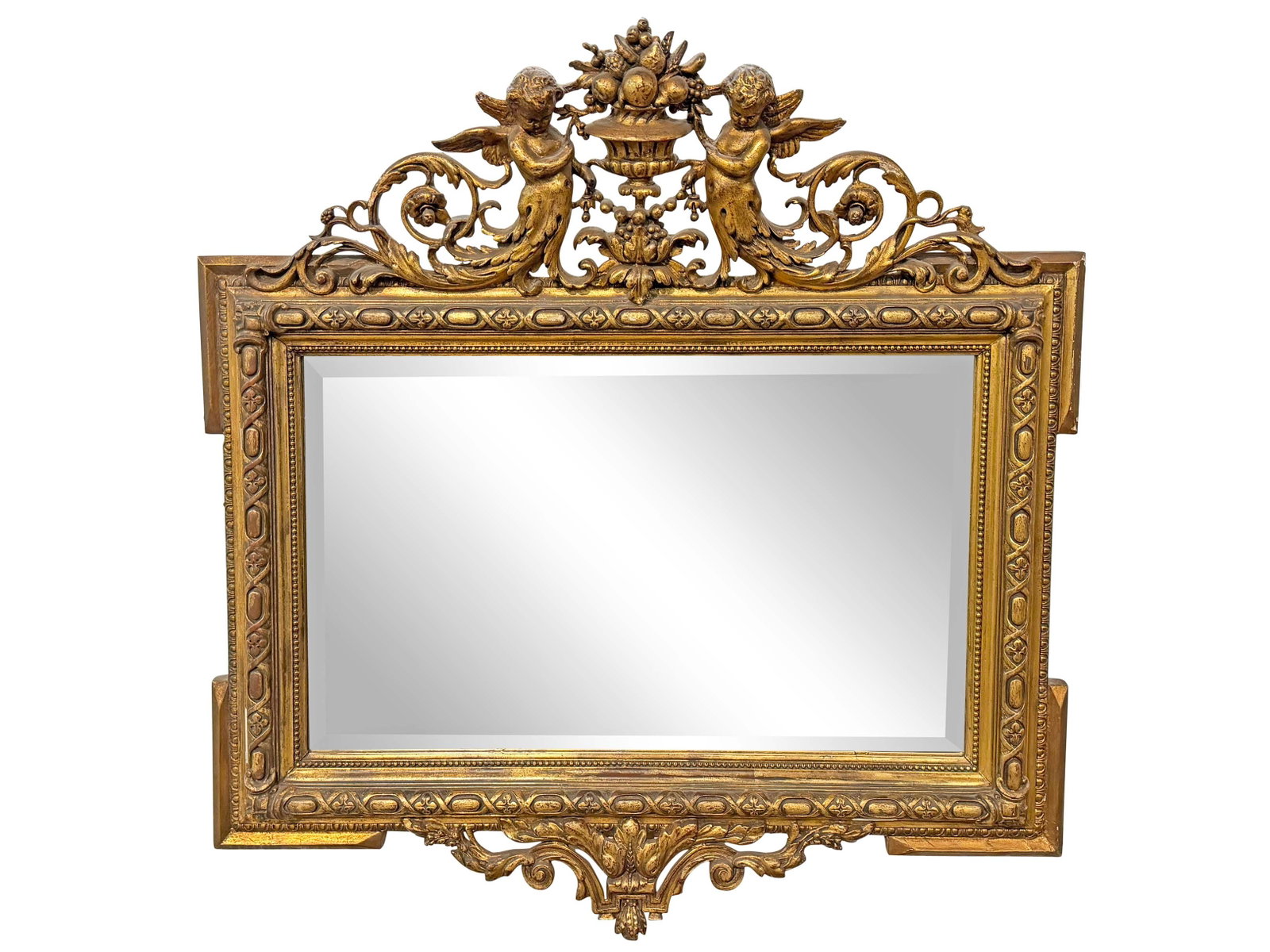 ANTIQUE ORNATE GOLD GILT FRAME WITH WINGED CHERUBS, FRUIT BASKET AND MIRROR , 40"H X 39"W (1 of 3)
