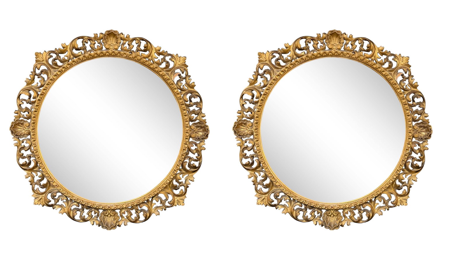 PAIR OF ROUND ORNATE GOLD CARVED WOOD FRENCH MIRRORS WITH SHELL CARVINGS, MINOR CHIPS ON WOOD, 29": PAIR OF ROUND ORNATE GOLD CARVED WOOD FRENCH MIRRORS WITH SHELL CARVINGS, MINOR CHIPS ON WOOD, 29" ROUND - EACH