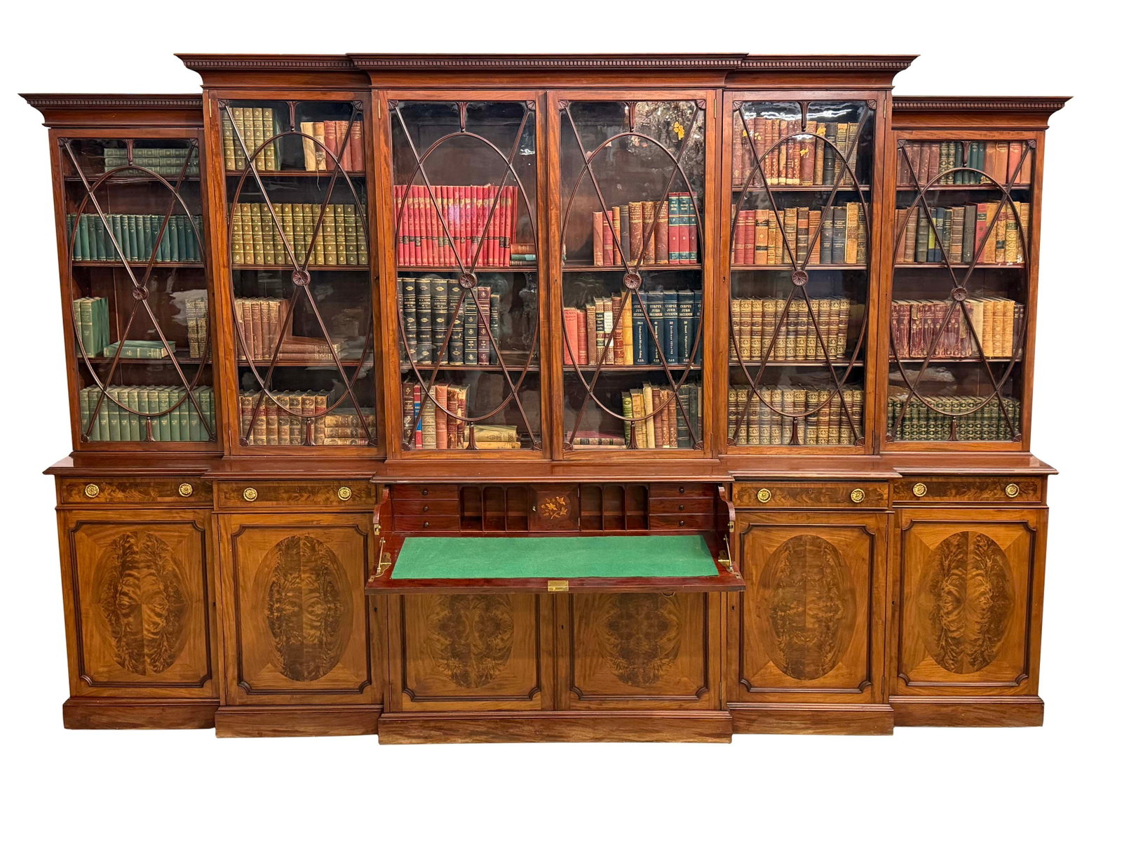 19TH CENTURY 11FT WIDE BREAKFRONT BOOKCASE WITH SECRETAIRE DRAWER, 8'H X 11'W X 22"D (1 of 5)