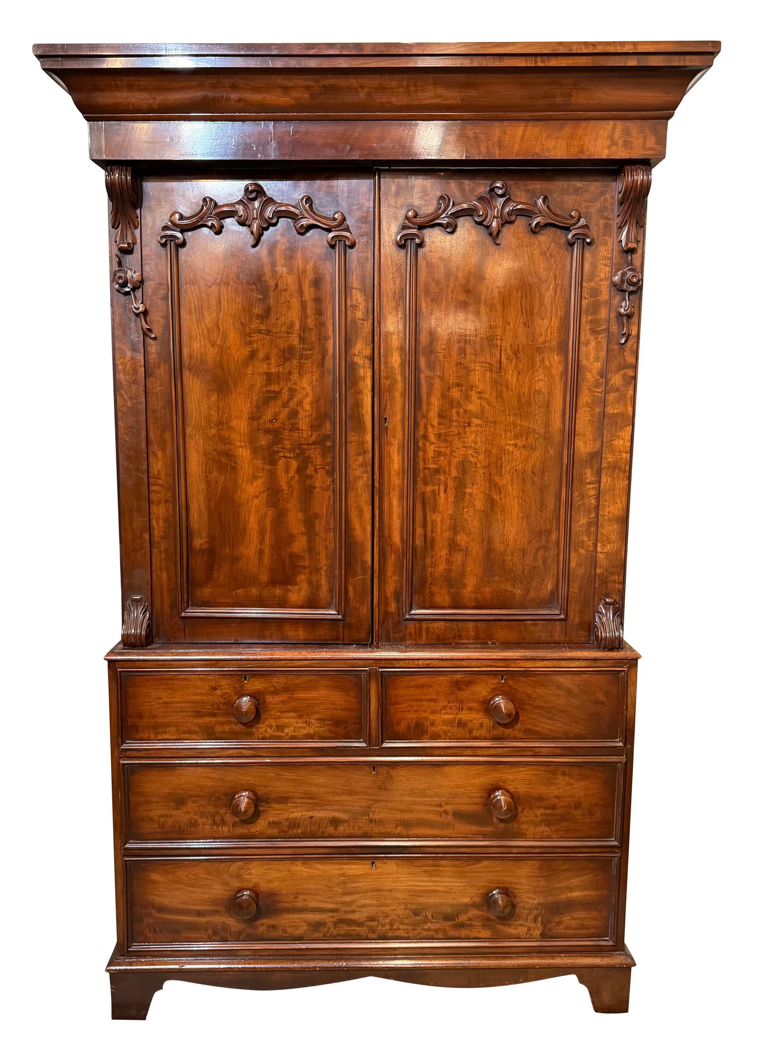 19TH CENTURY MAHOGANY LINEN PRESS WITH INTERIOR PULL OUT LINEN DRAWERS, 85"H X 48"W X 22"D (1 of 3)