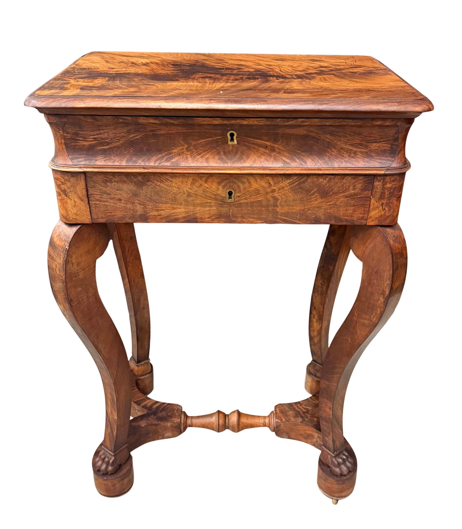MAHOGANY SEWING STAND WITH CLAW FEET, WITH LIFT TOP WITH MIRROR, NEEDS SOME VENEER REPAIR SIZE 31"H (1 of 3)