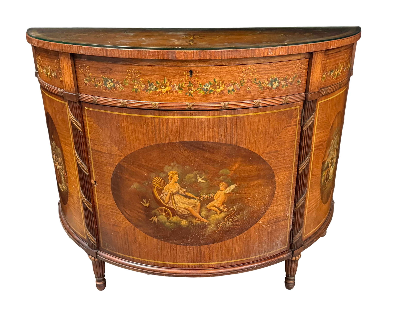 SATINWOOD DEMILUNE WITH HAND PAINTED SCENES WITH GLASS TOP, SIZE 35"H X 48"W X 20"D (1 of 2)
