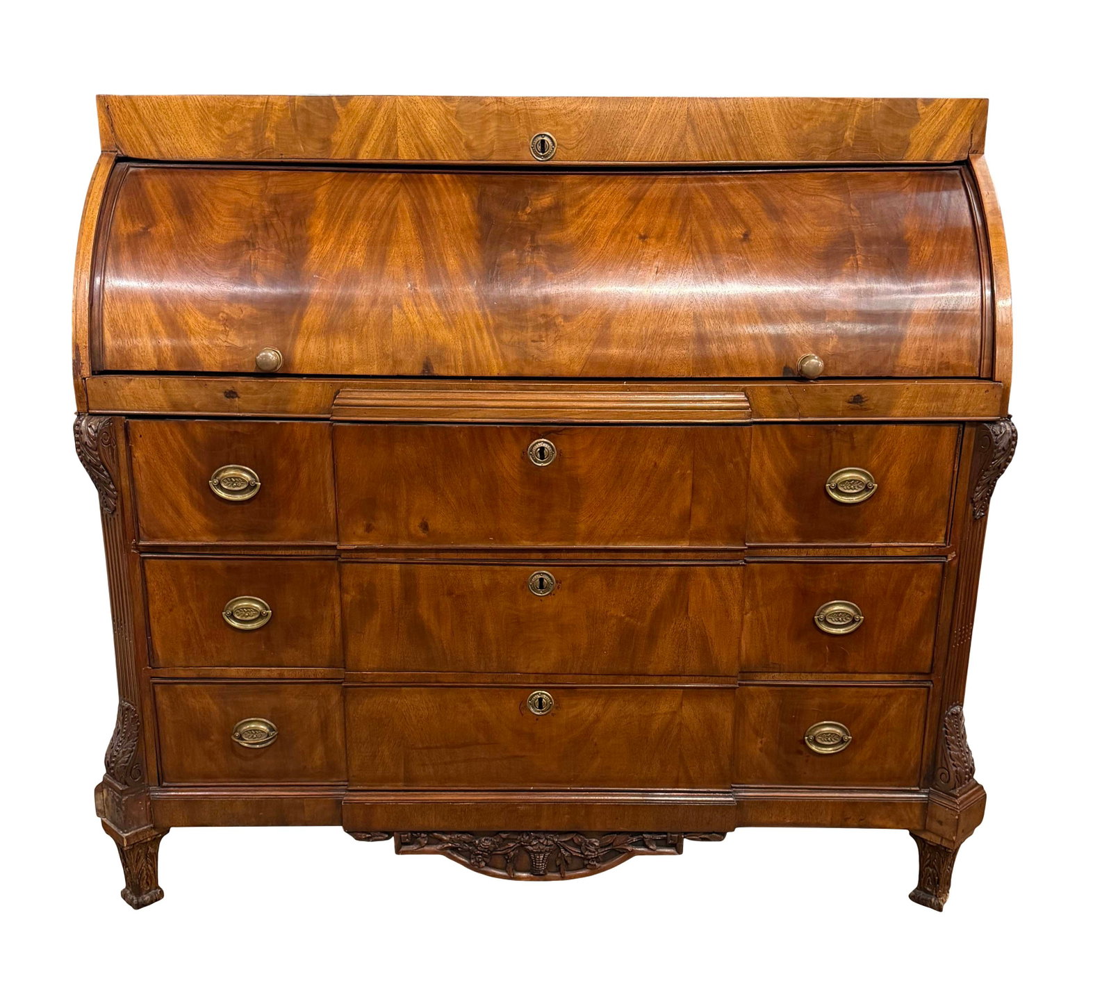 MAHOGANY CONTINENTAL MECHANICAL CYLINDER ROLL DESK WITH 3 DRAWERS, CARVING MISSING AROUND BOTTOM (1 of 3)