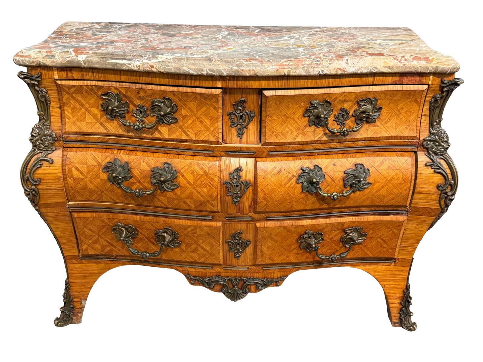 FRENCH MARBLE TOP BOMBAY COMMODE WITH HEAVY BRONZE MOUNTS, NEEDS SOME VENEER REPAIR, SIZE 36"H X (1 of 5)