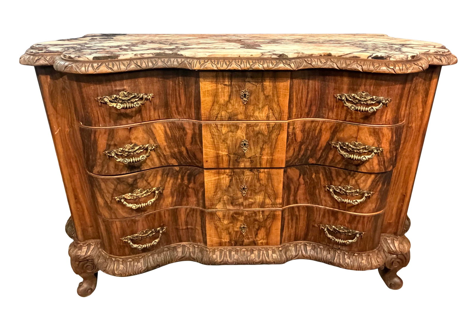 ITALIAN MARBLE TOP BURLED WALNUT 4 DRAWER CHEST WITH HEAVY BRONZE PULLS, NEEDS SOME VENEER (1 of 5)