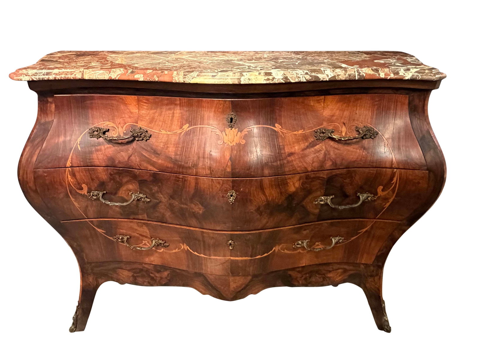 ITALIAN MARBLE TOP BURLED WOOD 3 DRAWER CHEST WITH INLAY, 39"H X 57"W X 23"D (1 of 4)