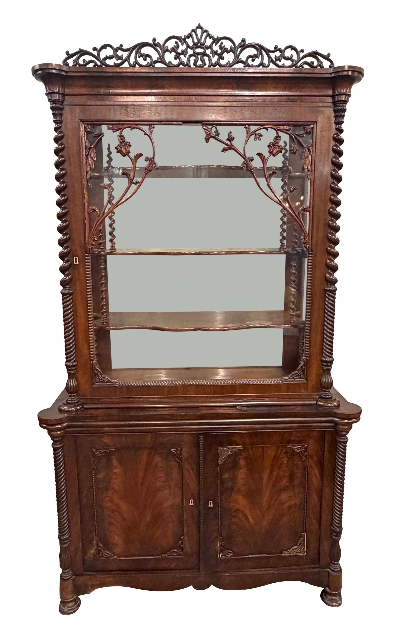 MAHOGANY DISPLAY CABINET WITH OPEN PIERCED CARVED CREST, SPIRAL ROPE COLUMNS, CARVINGS MISSING, (1 of 6)