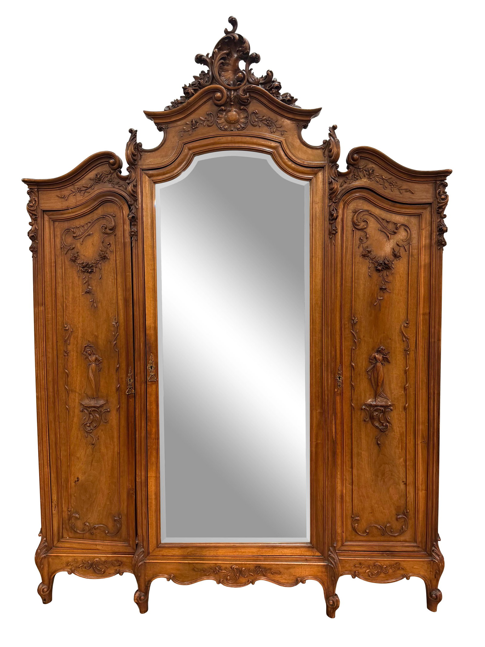 LARGE FRENCH TRIPLE DOOR ARMOIRE WITH CARVED SIDE DOORS AND BEVELED MIRROR IN CENTER, 110"H X 81"W X (1 of 2)