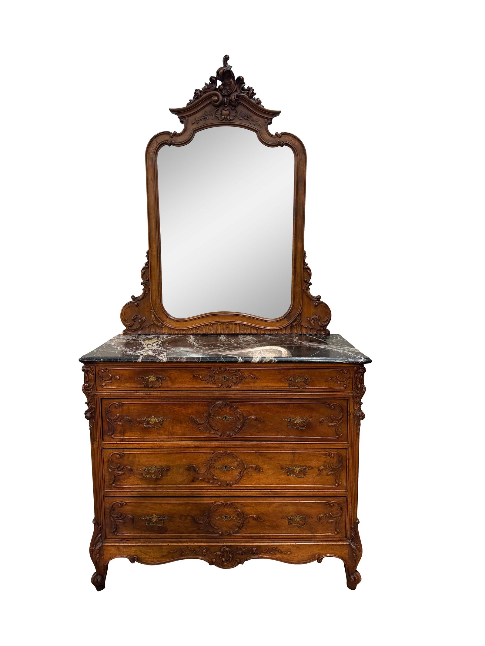 FRENCH MARBLE TOP CARVED 4 DRAWER CHEST WITH BEVELED MIRROR TOP, 94"H X 48"W X 22"D (1 of 2)