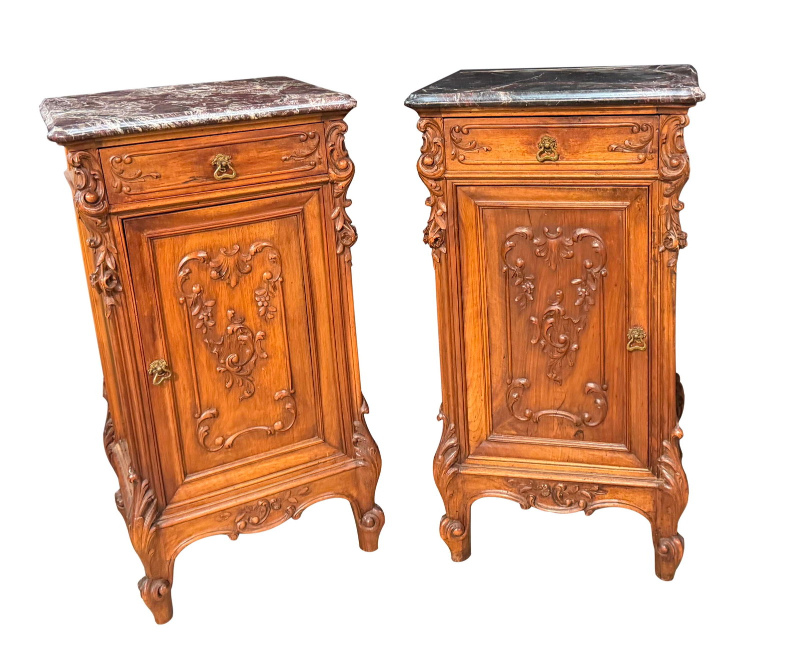PAIR OF FINE CARVED FRENCH ONE DOOR ONE DRAWER NIGHTSTANDS, SOME CHIPS ON MARBLE, 34"H X 18"W X 15"D (1 of 4)