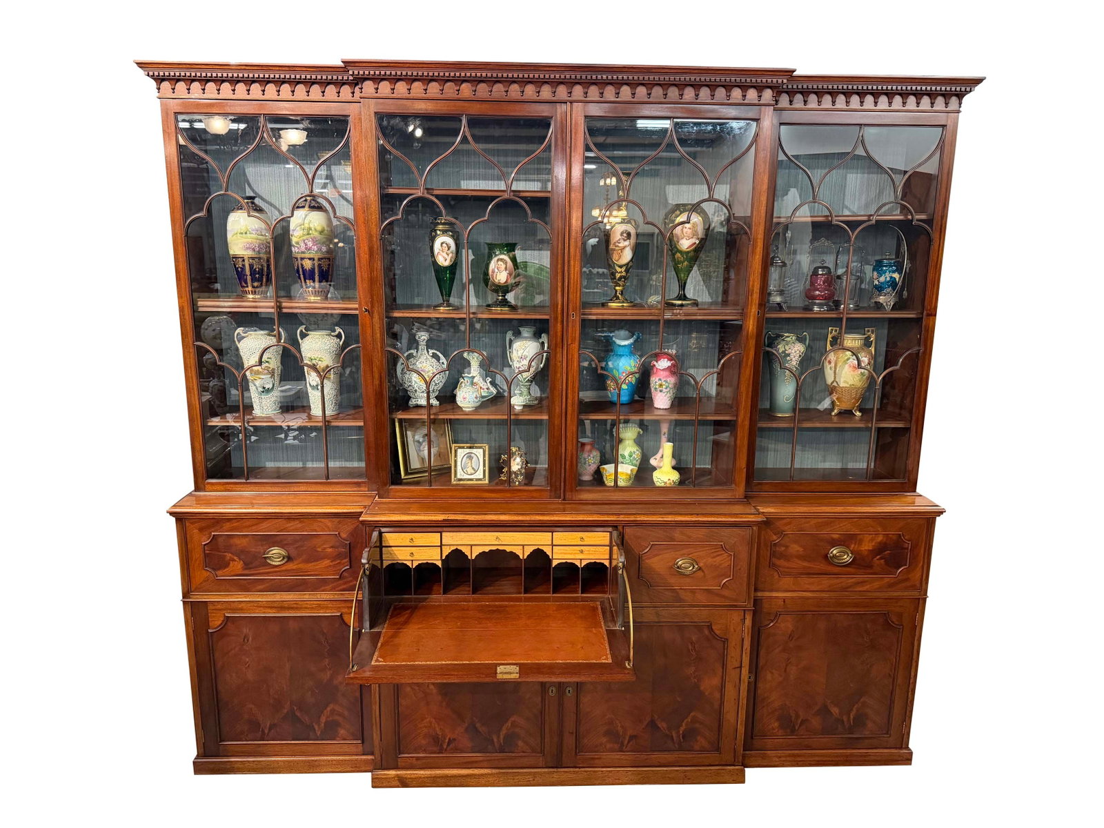 MAHOGANY ENGLISH 4 DOOR BREAKFRONT WITH SECRETAIRE DESK, 98"H X 107"W X 21"D (1 of 4)