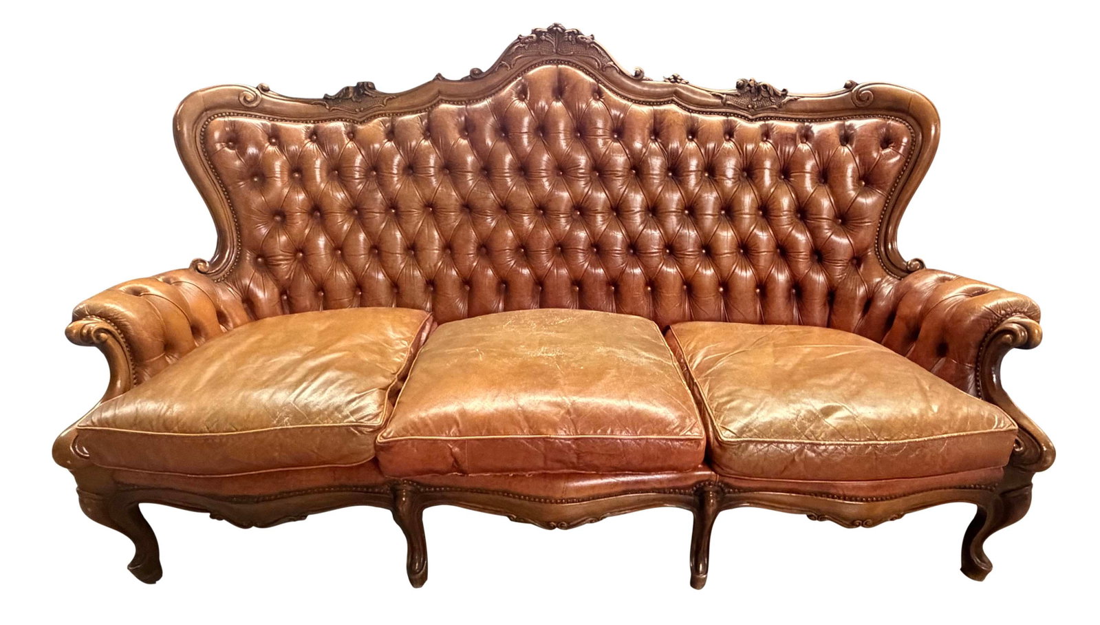 3PC FRENCH SOFA SET, WITH VERY DISTRESSED LEATHER BUTTON TUFTED BACKS, WINGBACK SOFA AND 2 WINGBACK (1 of 6)