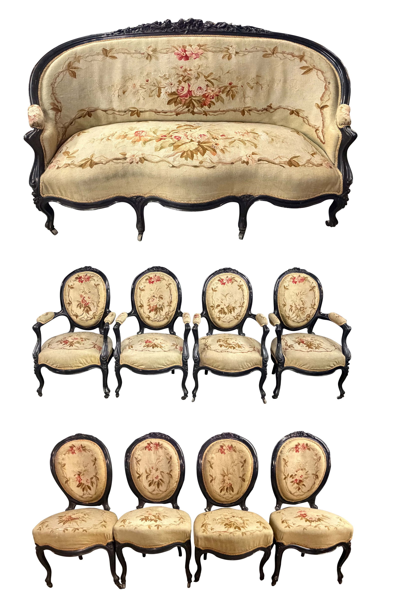 9PC EBONIZED FRENCH PARLOR SUITE WITH NEEDLEPOINT UPHOLSTERY, FRAMES NEED SOME RESTORATION, BACK (1 of 12)